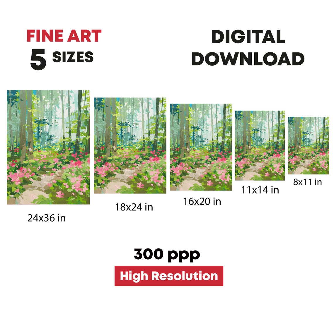 Sunlit Forest Path Pink Wildflowers Impressionist Nature Poster - Image 4