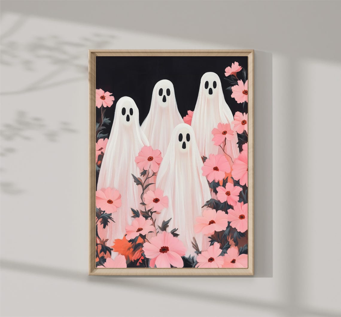 Cute White Ghosts Pink Flowers Black Background Halloween Poster