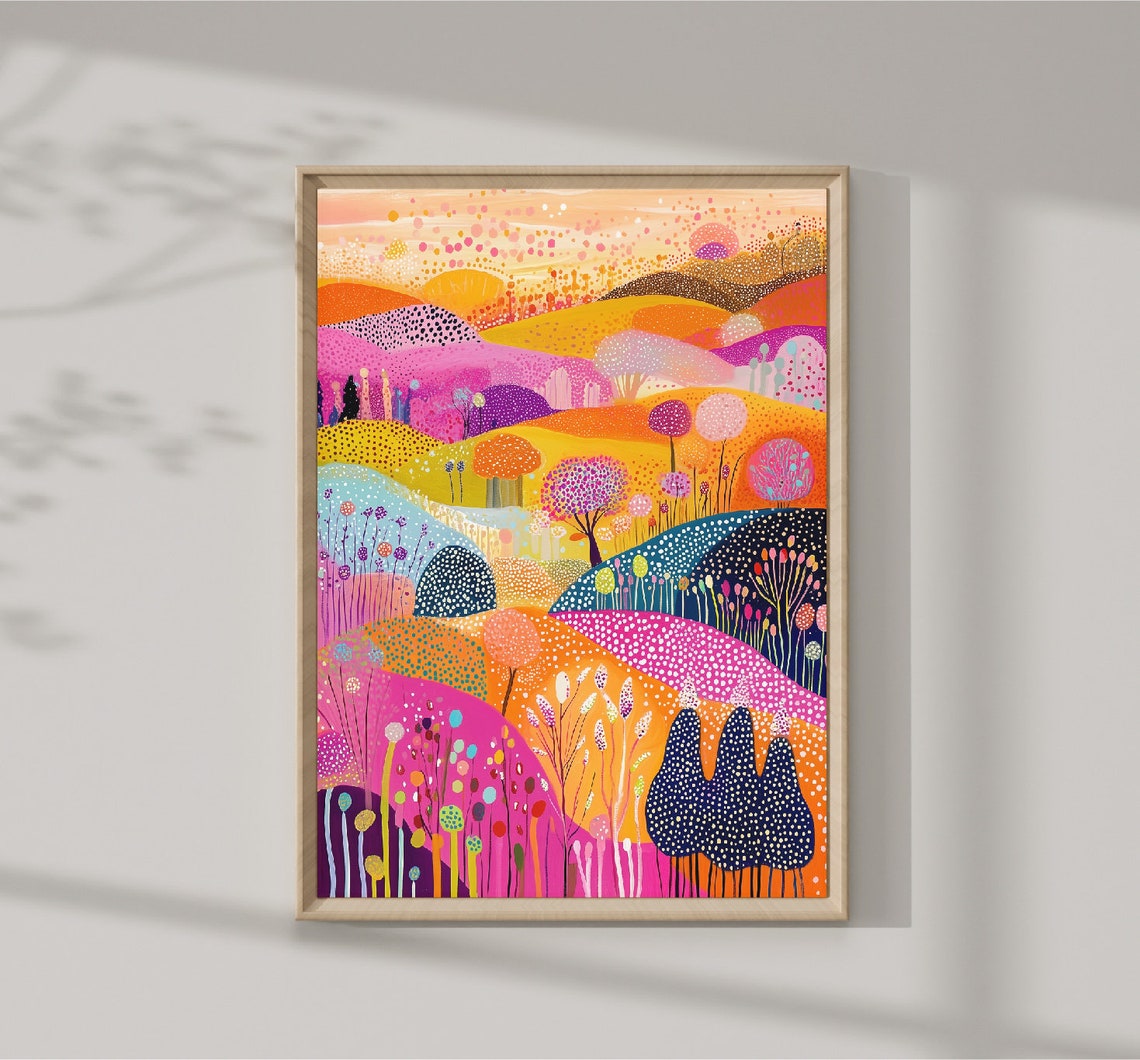 Bright Flower Garden Hills Stylized Botanical Illustration Wall Art
