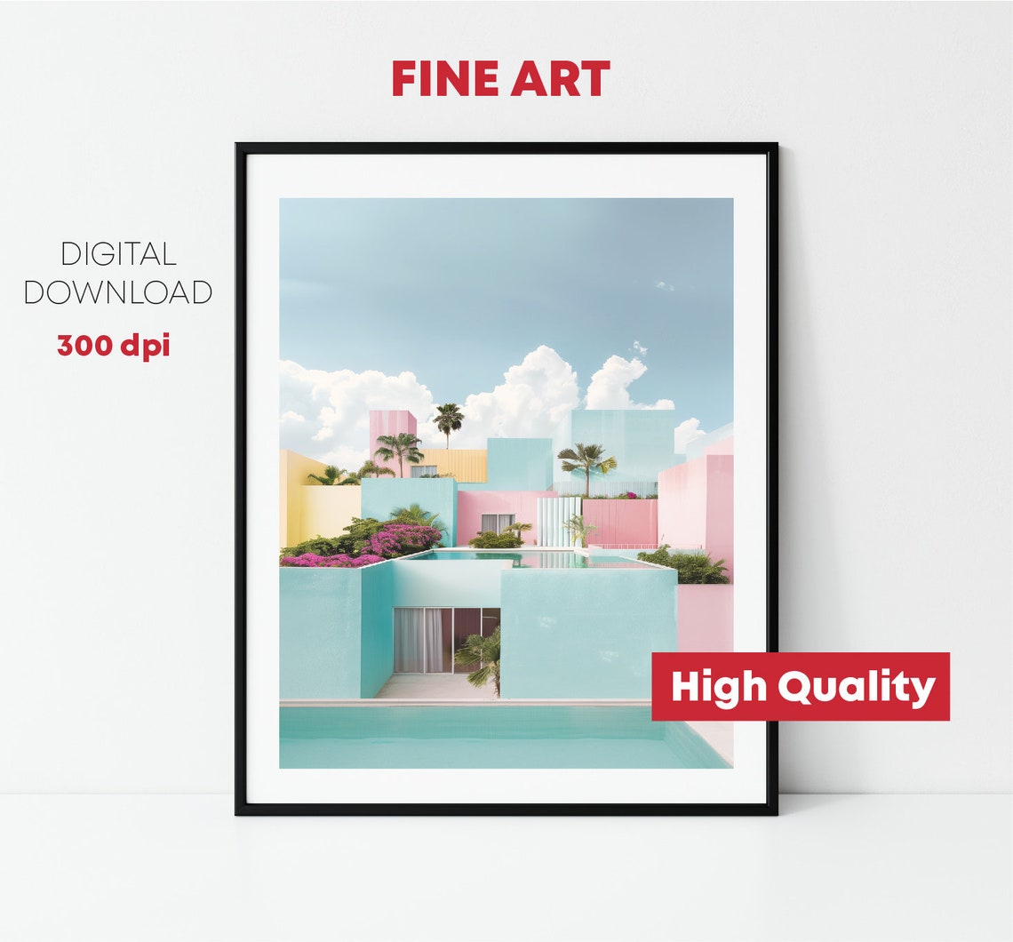 Pastel Modern Architecture Pool Palm Trees Tropical Travel Poster - Image 2
