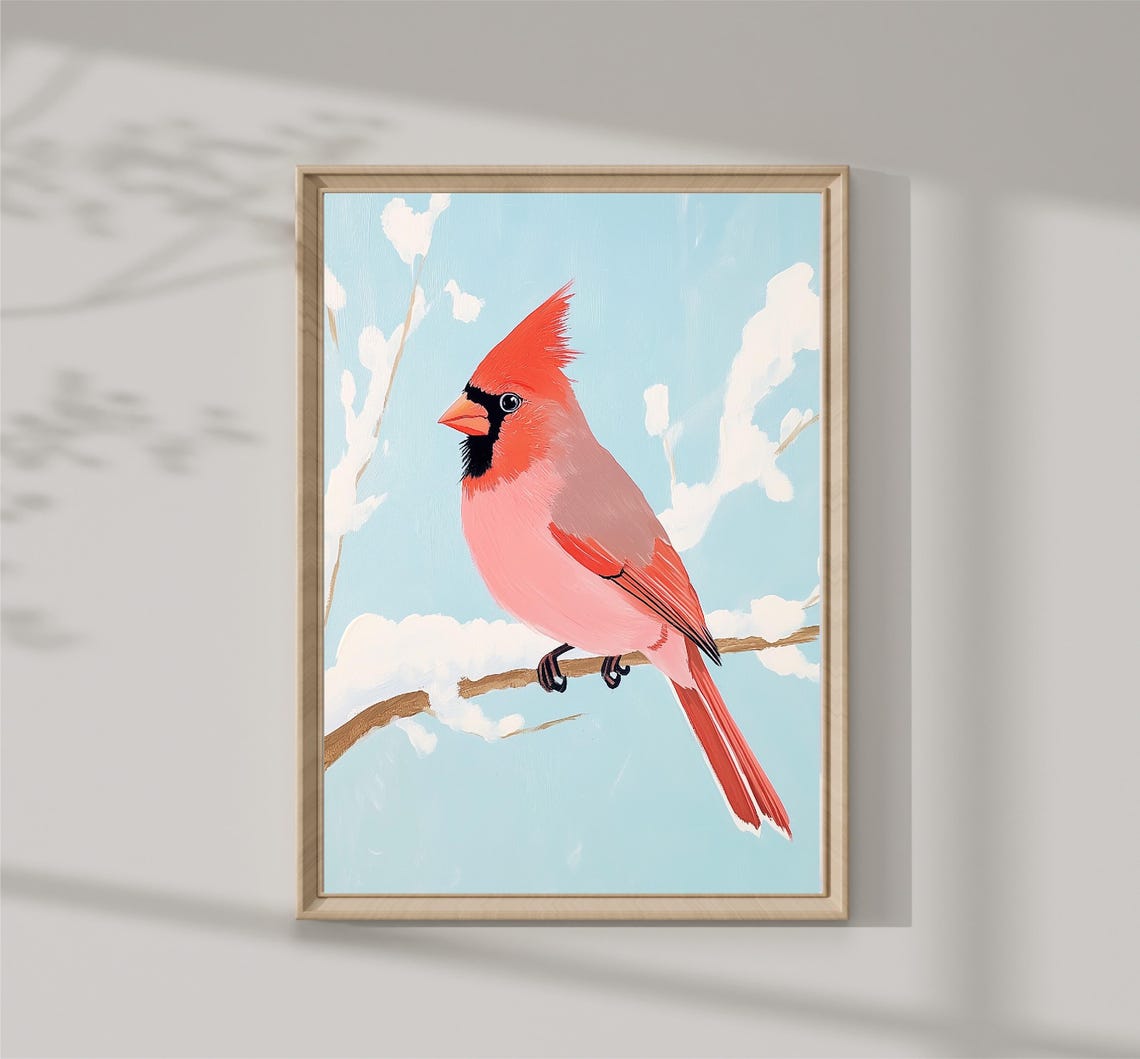 Red Cardinal Snowy Branch Winter Bird Portrait Nature Art Poster - Image 2