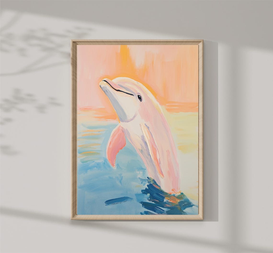 Pink Dolphin Leaping Sunset Ocean Pastel Coastal Nursery Art Print