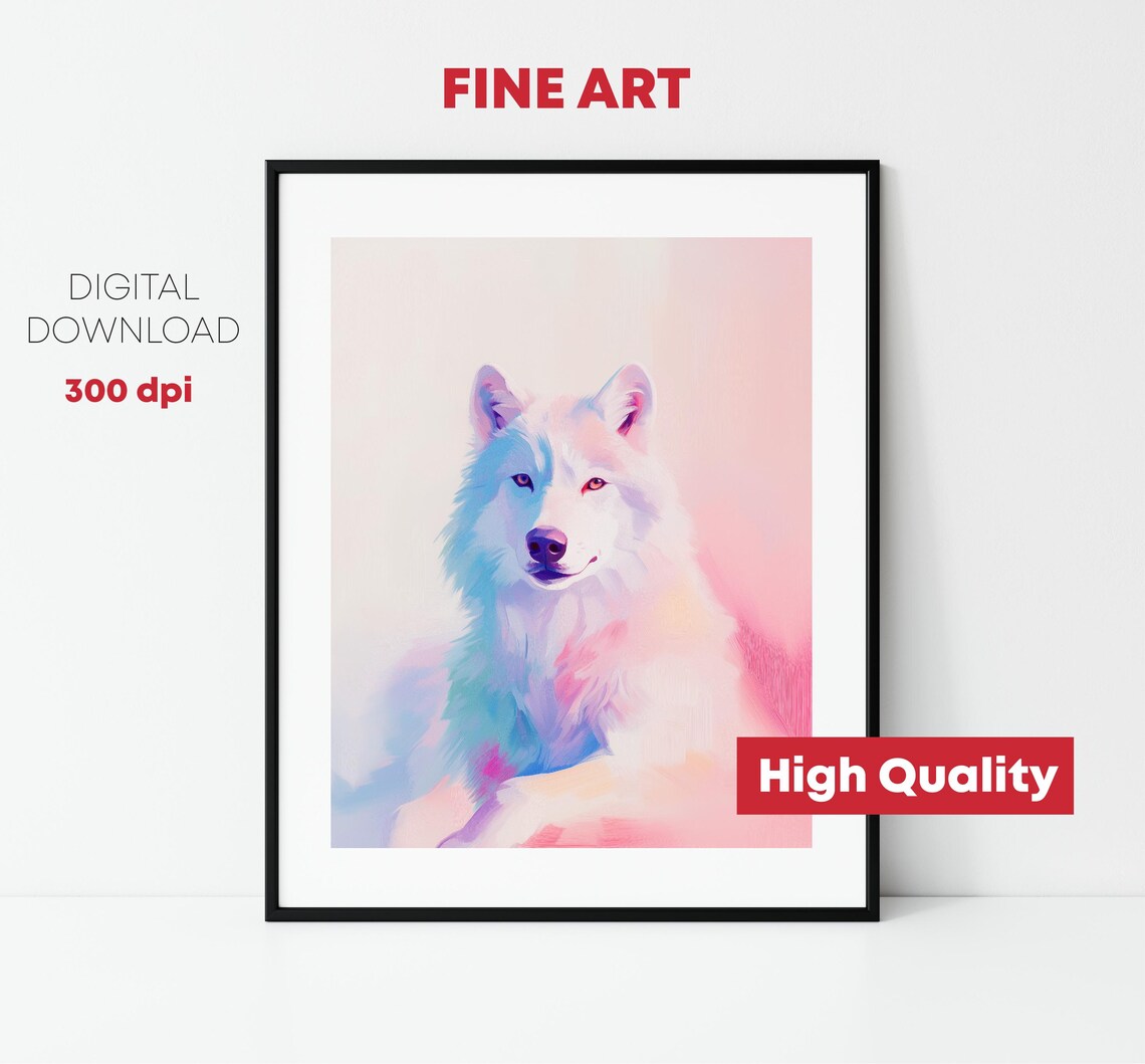 Cute Pastel Husky Dog Portrait Pink Blue Nursery Animal Wall Art - Image 2