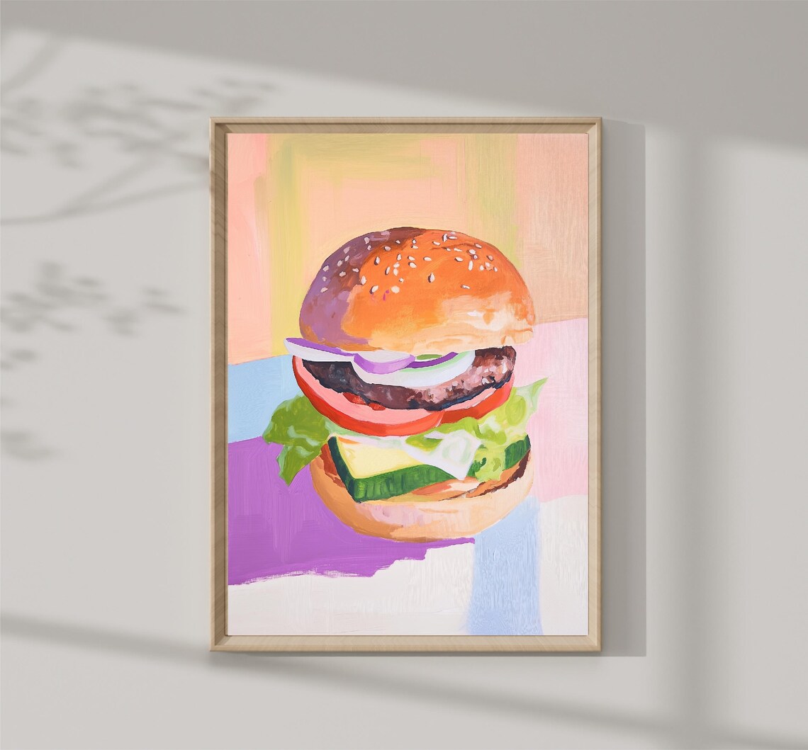 Hamburger and Pastel Macarons Kitchen Art Print