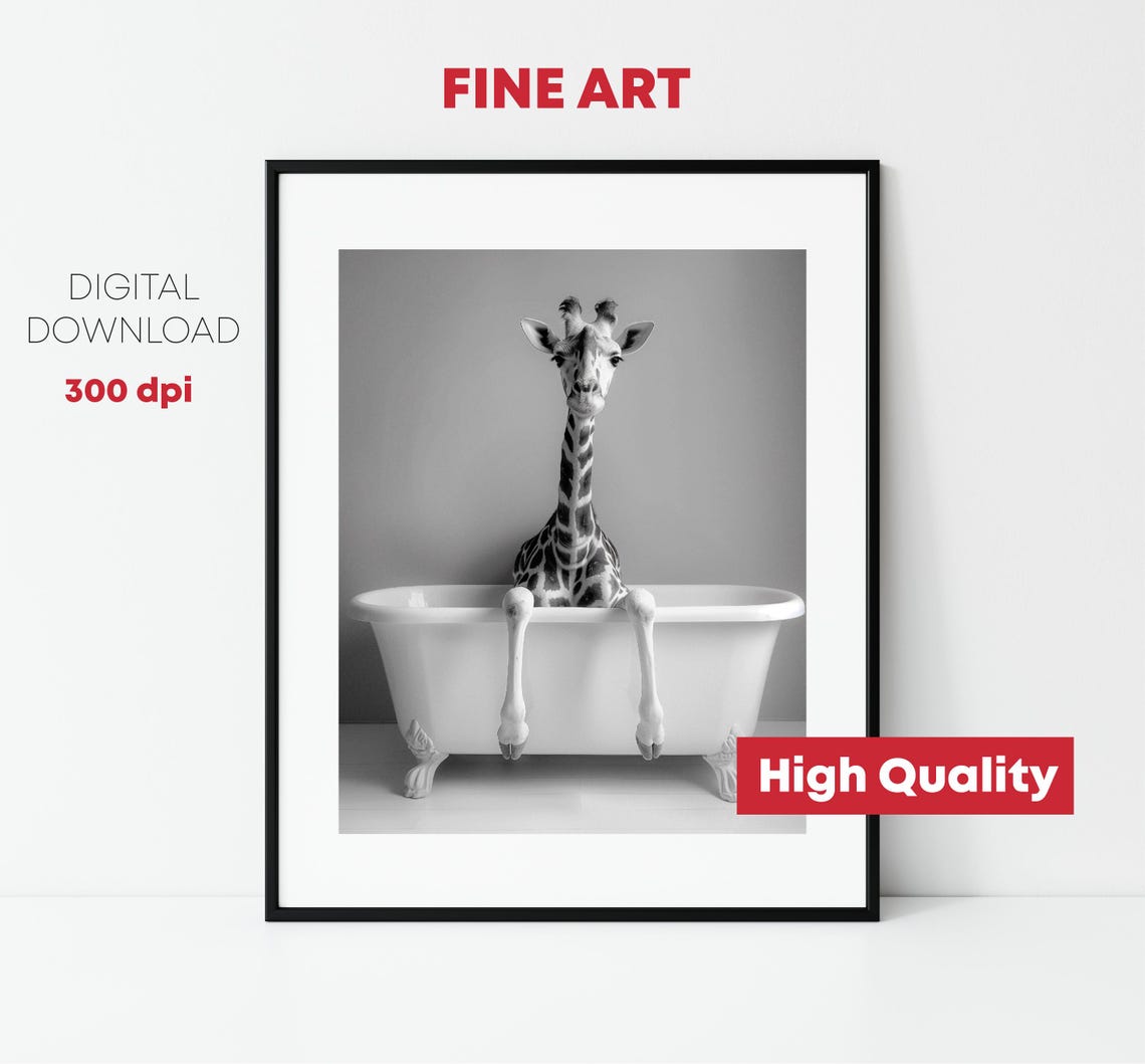 Cute Baby Giraffe In Tub Wall Art Giraffe Photo Giraffe Art Bathroom Art Print - Image 2