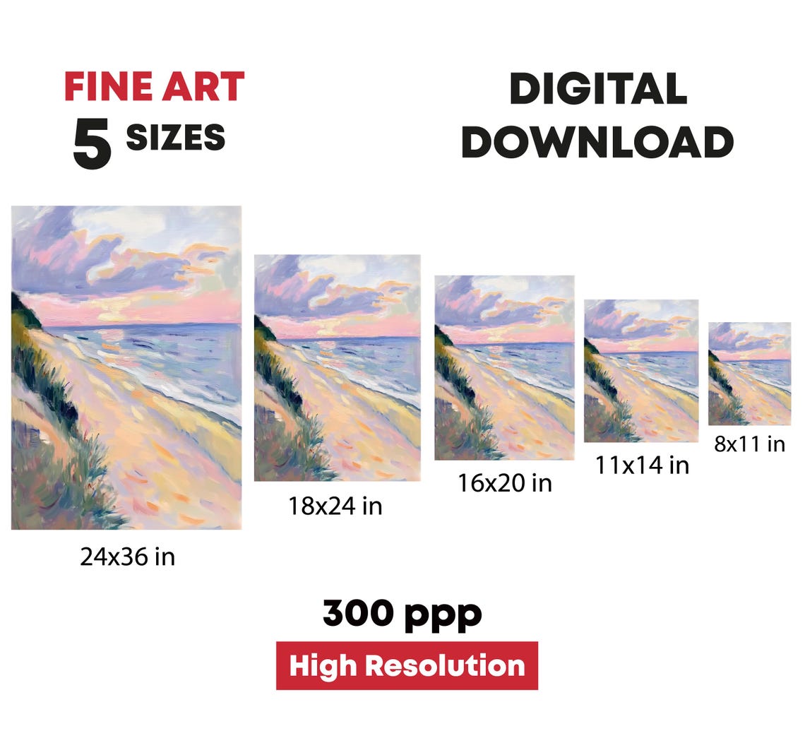 Pastel Beach Dunes Sunset Pink Clouds Impressionist Coastal Poster - Image 3