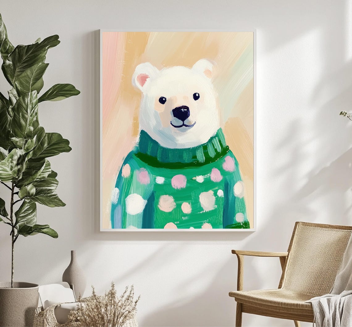 Polar Bear Portrait In Green Polka Dot Sweater Cute Nursery Wall Art - Image 4