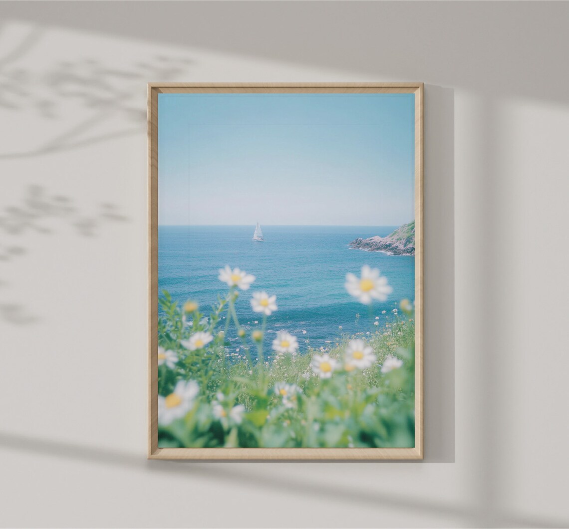 Sailboat On Blue Ocean Daisy Foreground Coastal Photography Poster