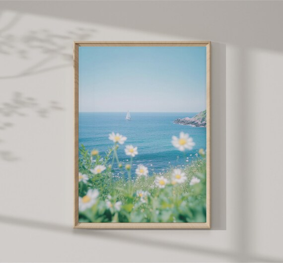 Sailboat On Blue Ocean Daisy Foreground Coastal Photography Poster