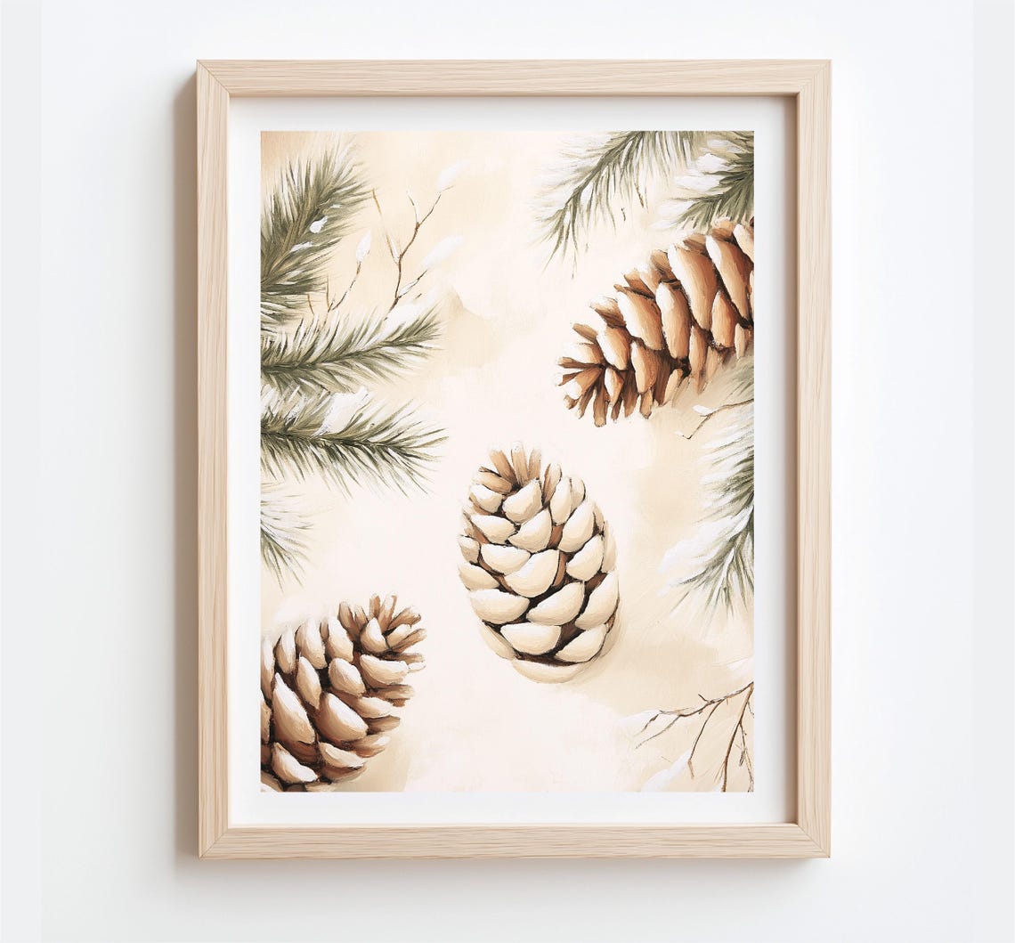Elegant Pinecones Snowy Branches Neutral Christmas Botanical Print - Image 2