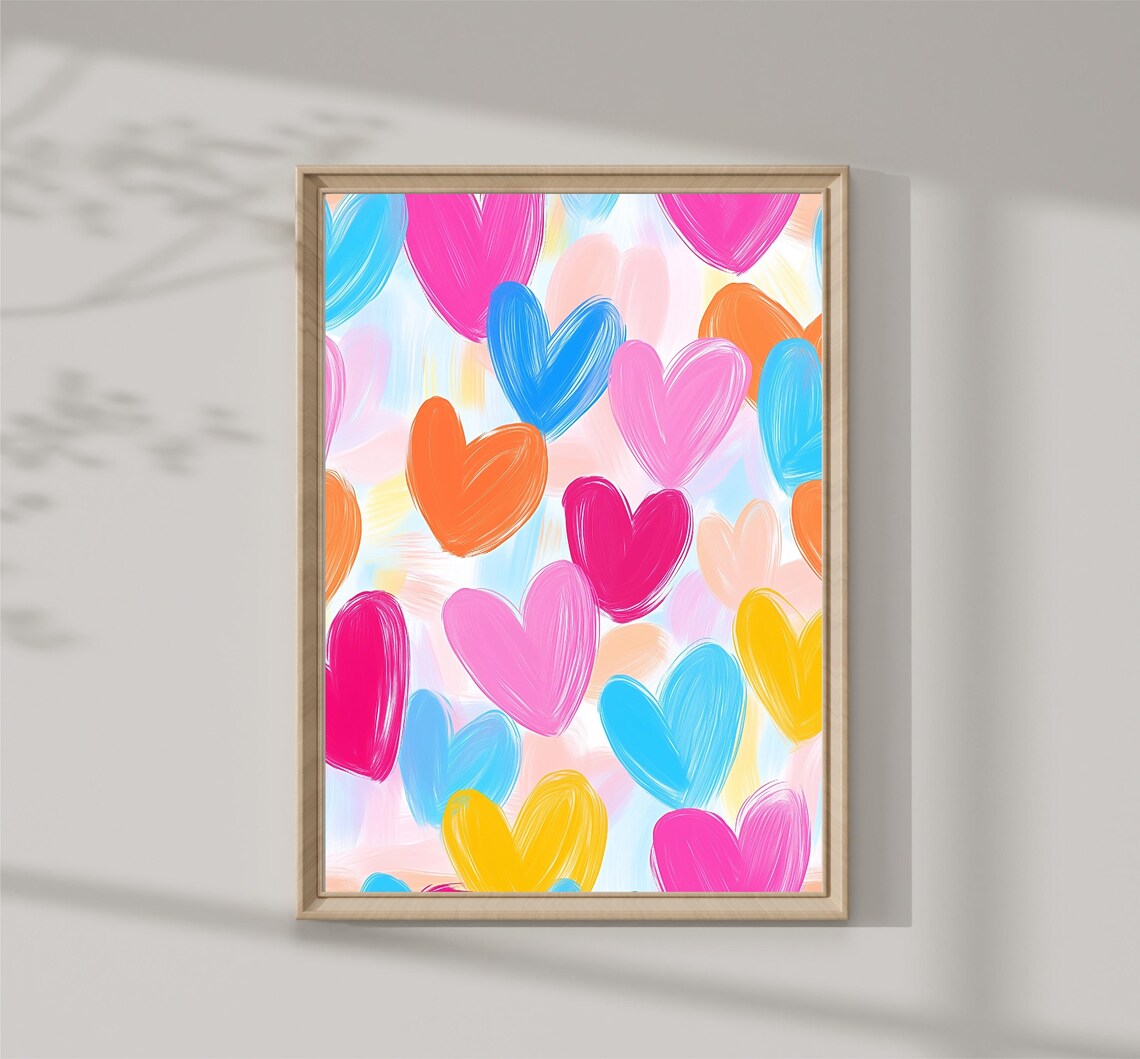 Colorful Hearts Pattern Brushstroke Pink Blue Orange Love Art Print
