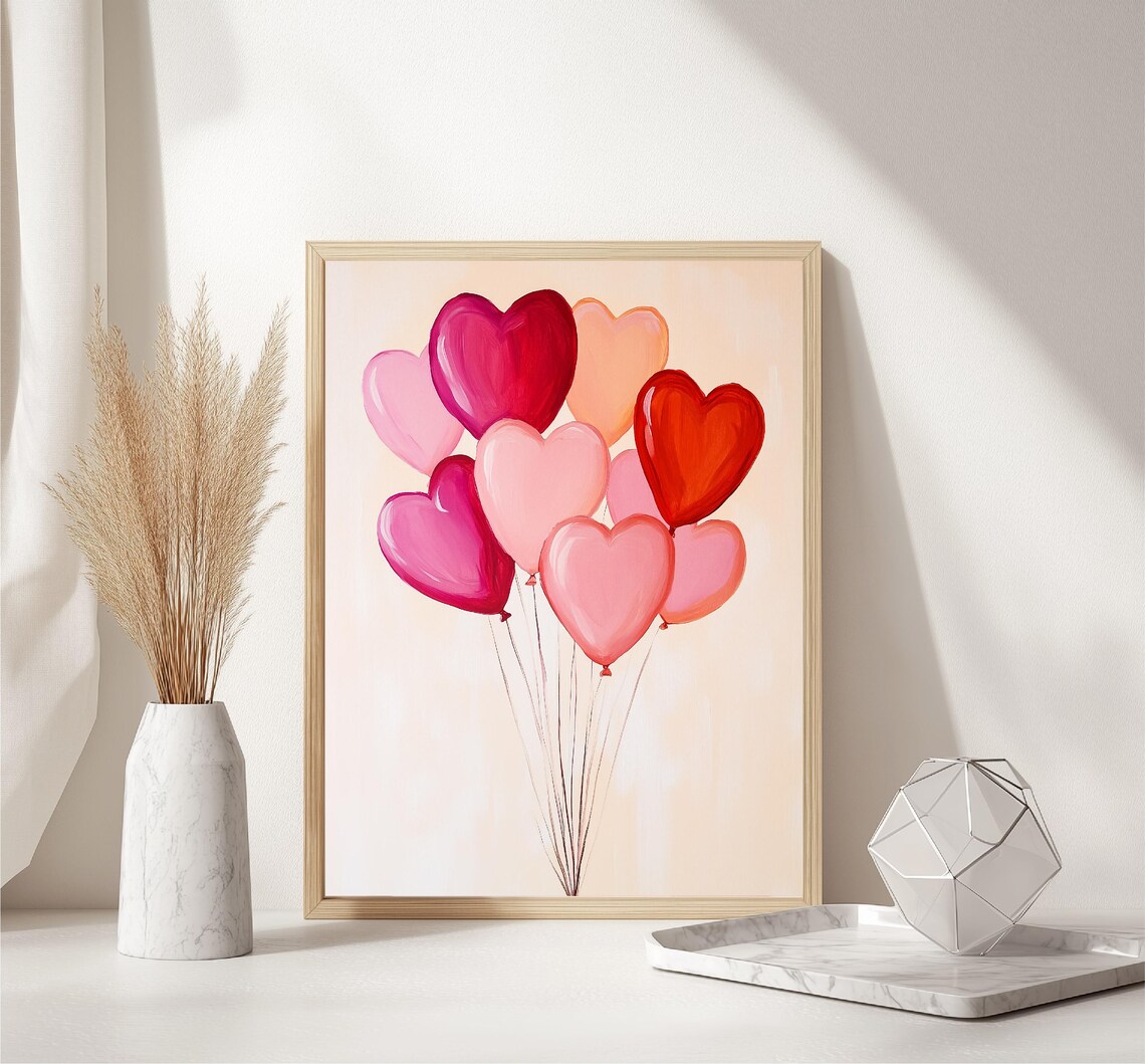 Heart Shaped Balloons Bunch Pink Red Valentine Love Wall Art - Image 6