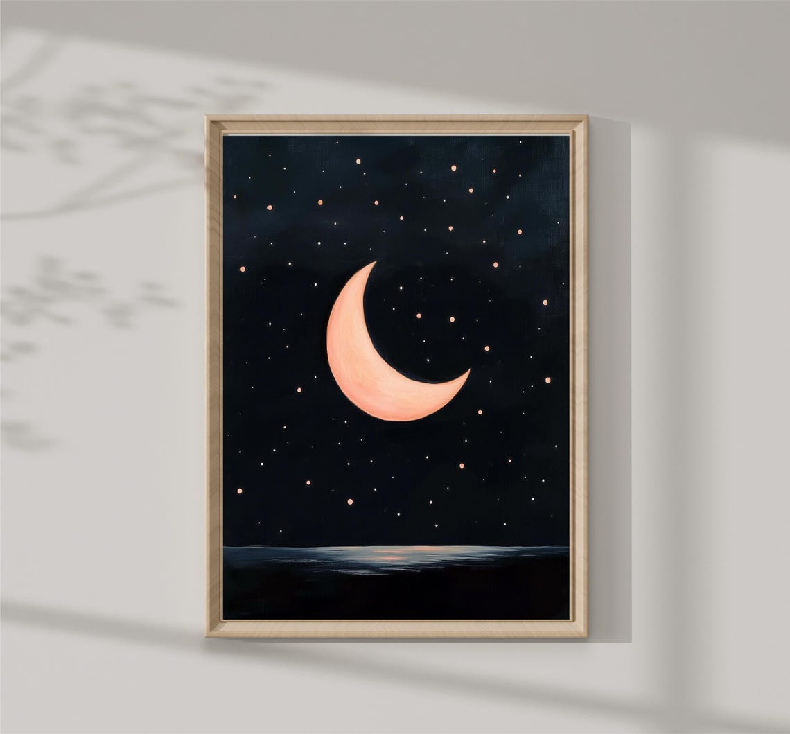 Pink Crescent Moon Starry Night Sky Over Water Celestial Poster