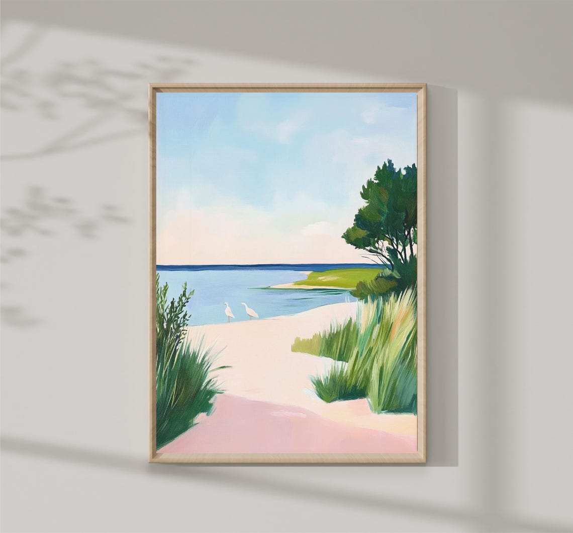 Dune Beach Path With Egrets Pastel Sea Grass Coastal Walk Print