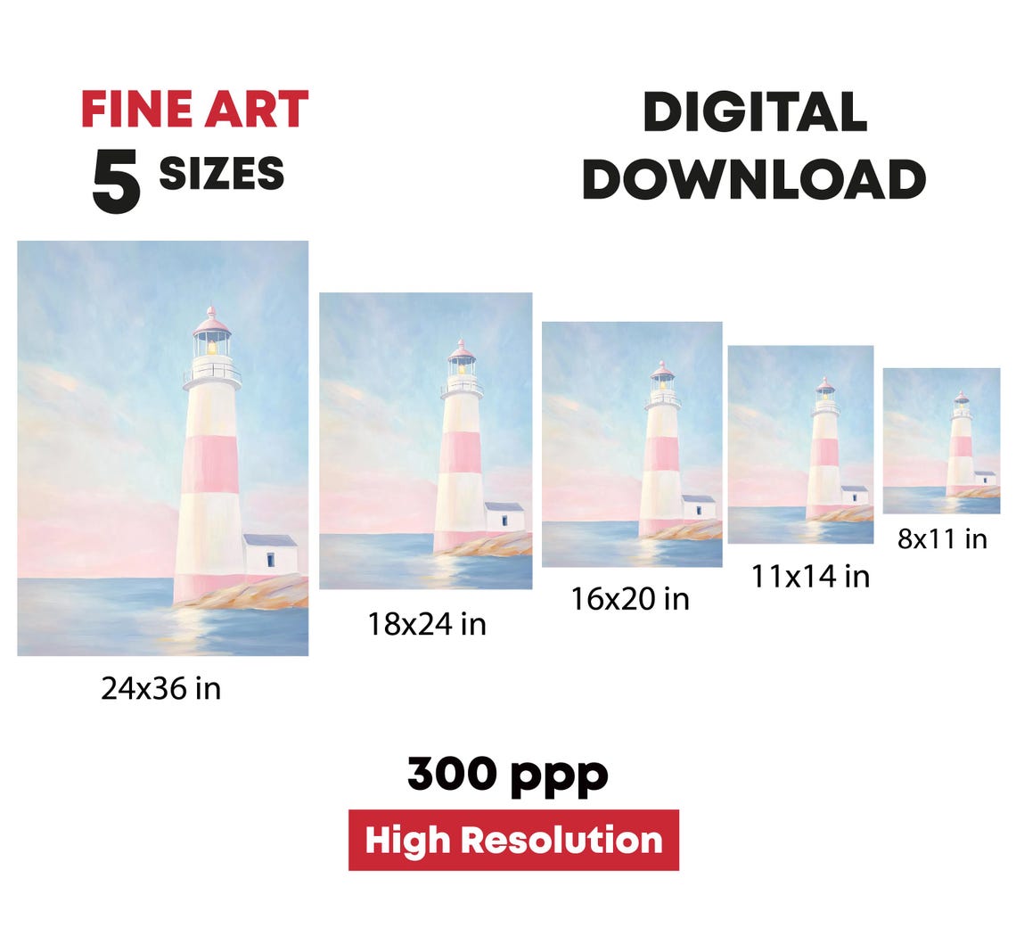 Pink And White Striped Lighthouse Rocky Shore Pastel Coastal Art Print - Image 4