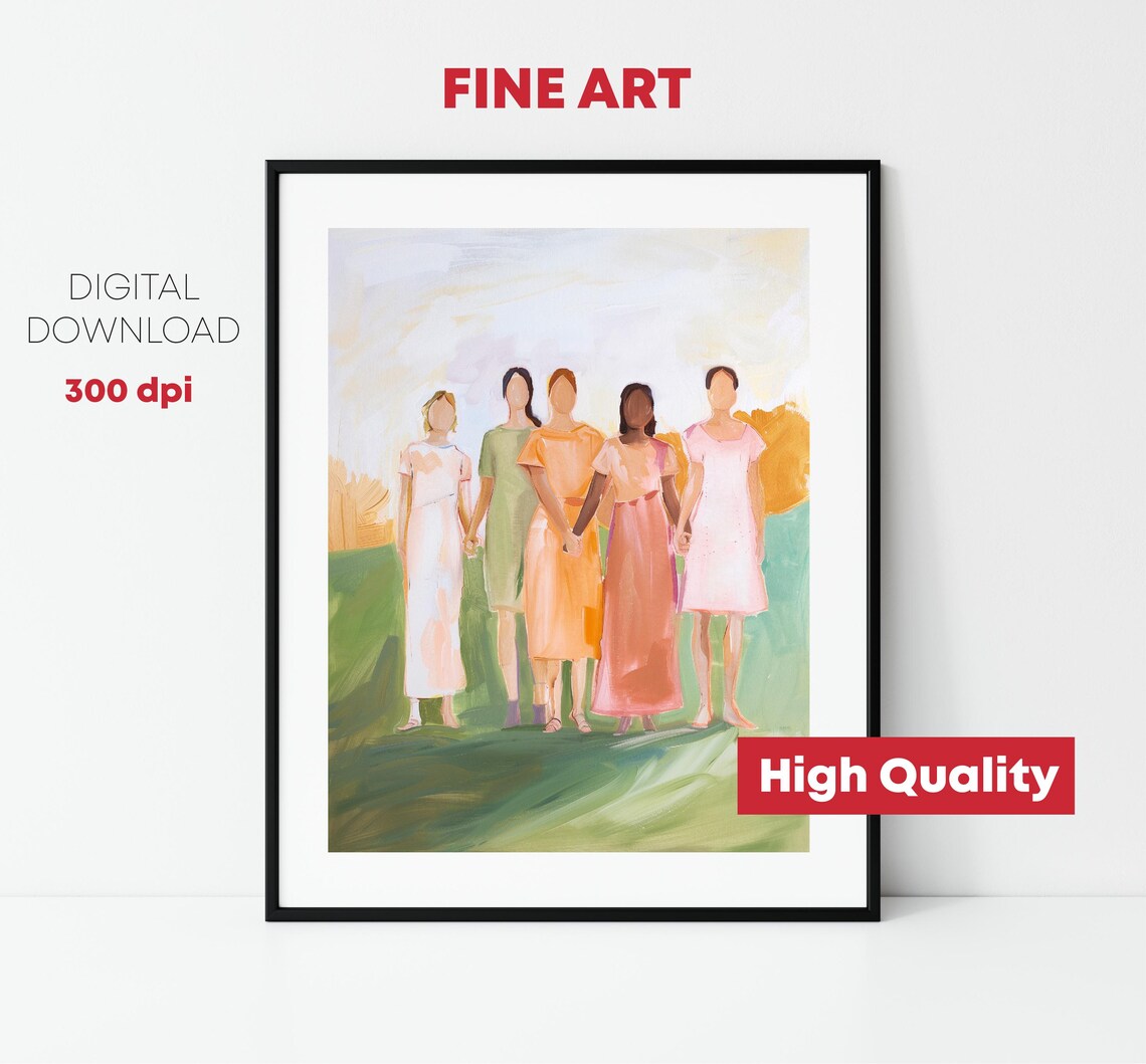 Five Women Friends Holding Hands Pastel Field Painting Art Print - Image 2