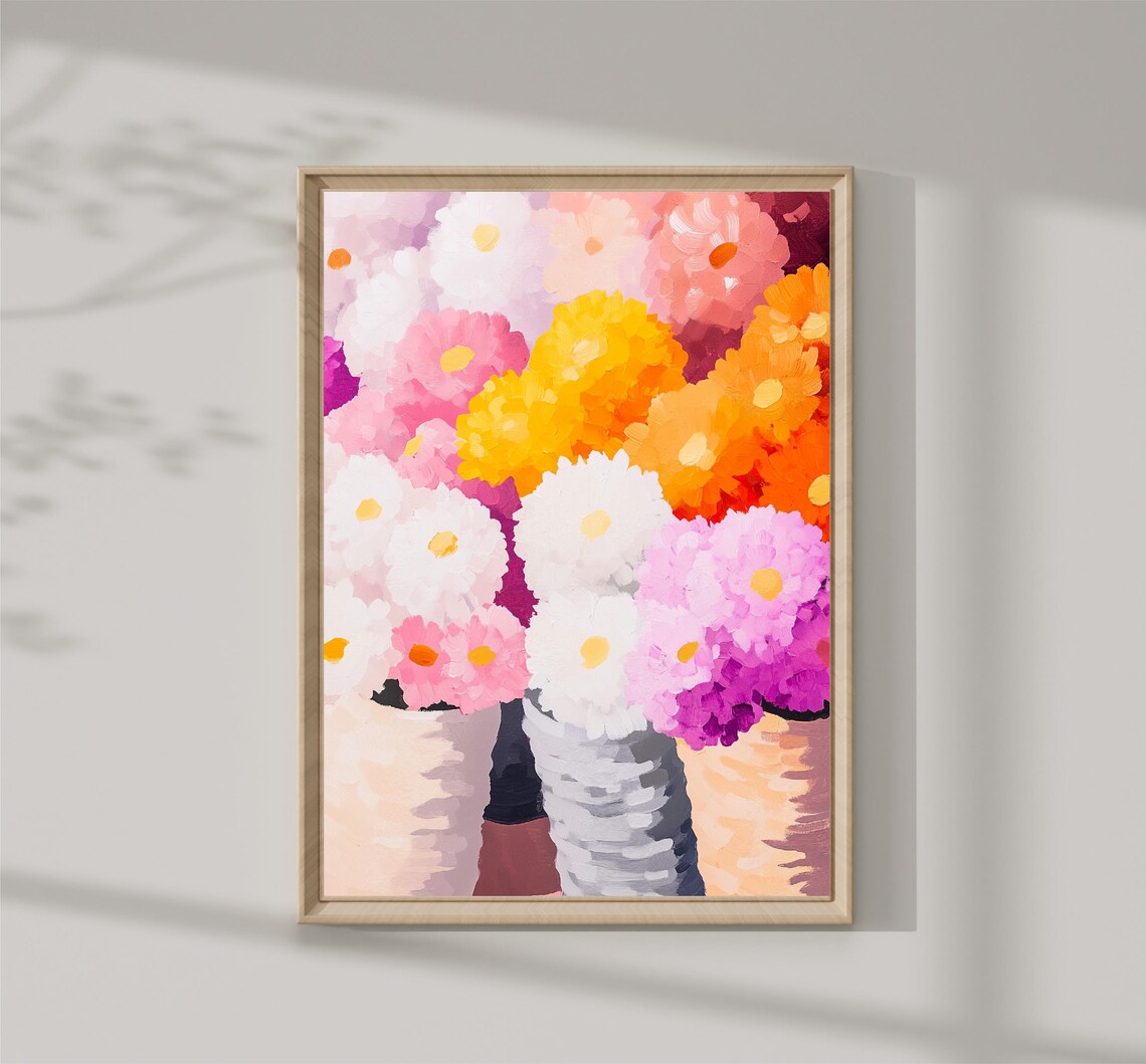 Colorful Daisy Bouquet Painting Pink White Yellow Floral Art Poster