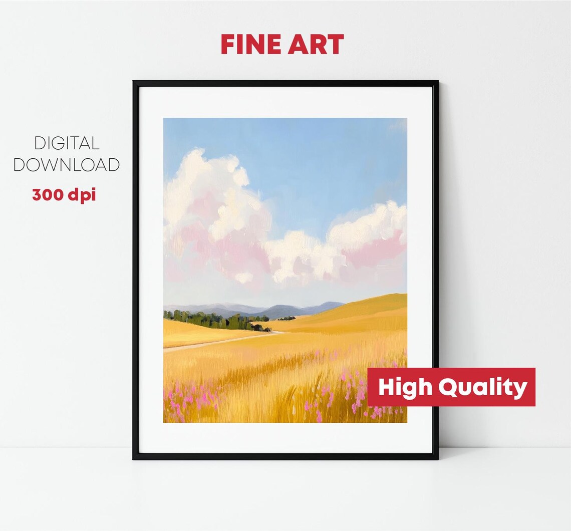 Golden Wheat Field Pink Wildflowers Clouds Countryside Landscape Print - Image 2