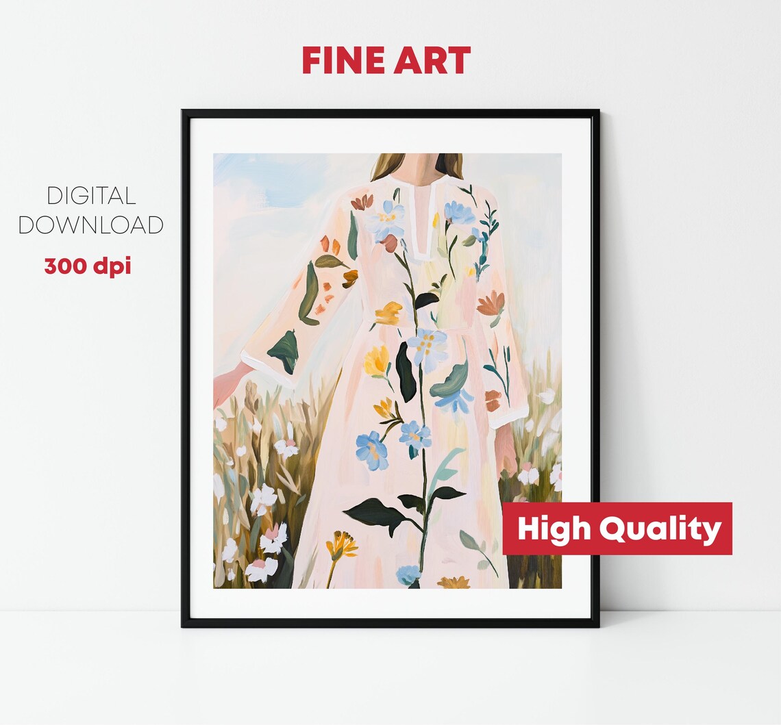 Woman In Floral Dress Standing In Wildflower Field Dreamy Print - Image 2