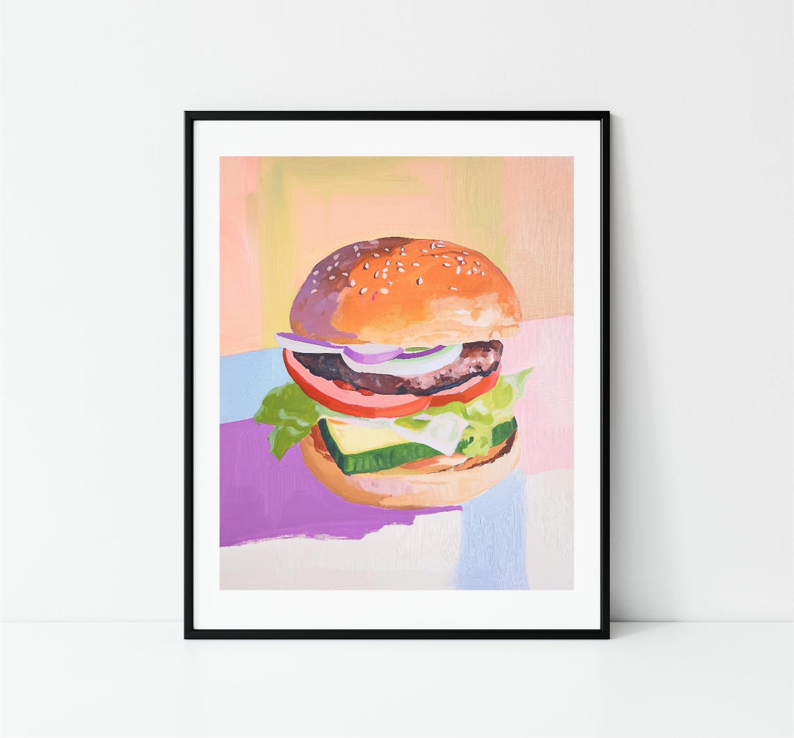 Juicy Cheeseburger Pop Art Pastel Colors Fun Kitchen Diner Print - Image 3