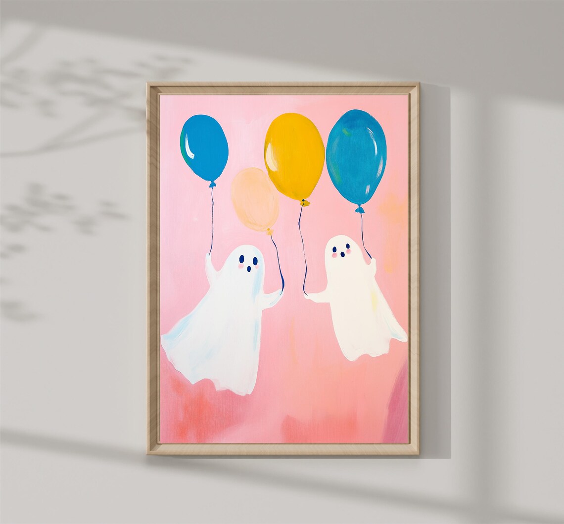 Cute Pink Ghosts Holding Balloons Pastel Halloween Party Wall Art Print