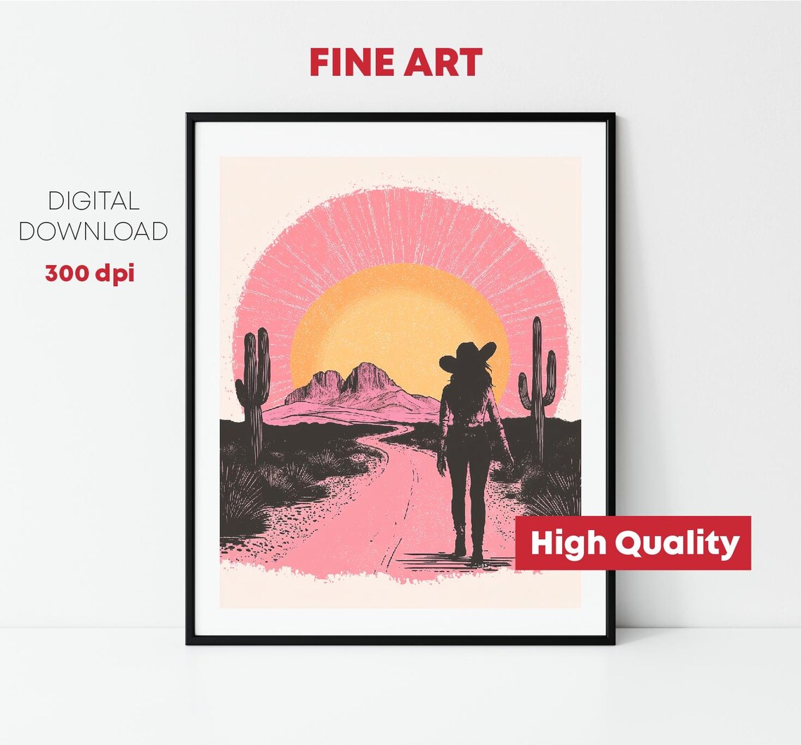 Cowgirl Silhouette Desert Sunset Cactus Pink Western Art Print - Image 2