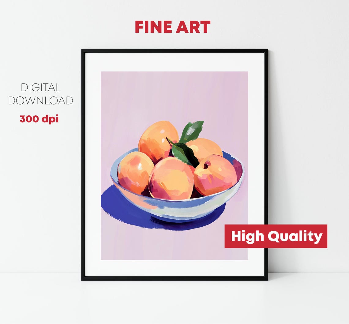 Peach Bowl Pink Background Still Life Sweet Fruit Kitchen Wall Art - Image 2