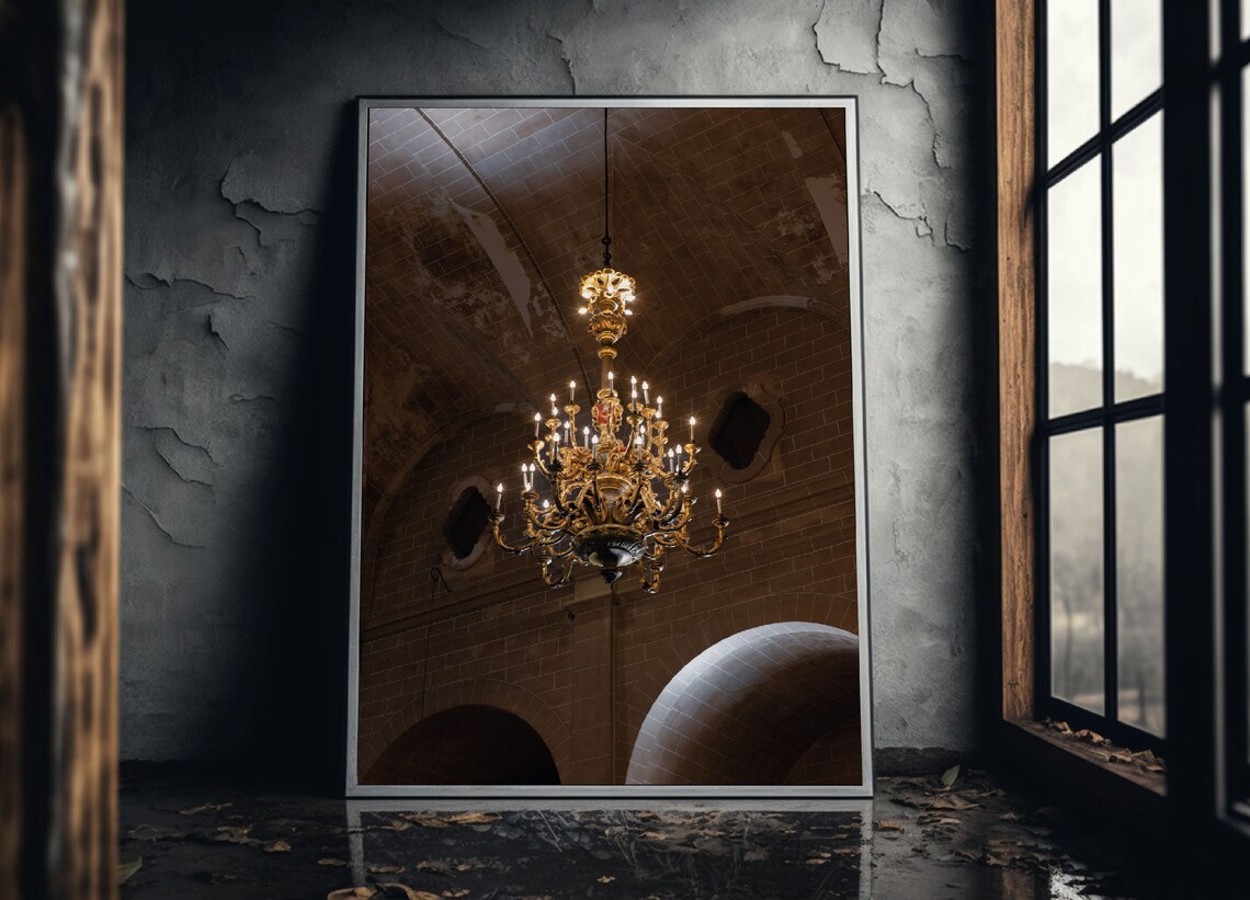 Golden Crown Chandelier In Stone Church Interior Photography Wall Art - Image 2
