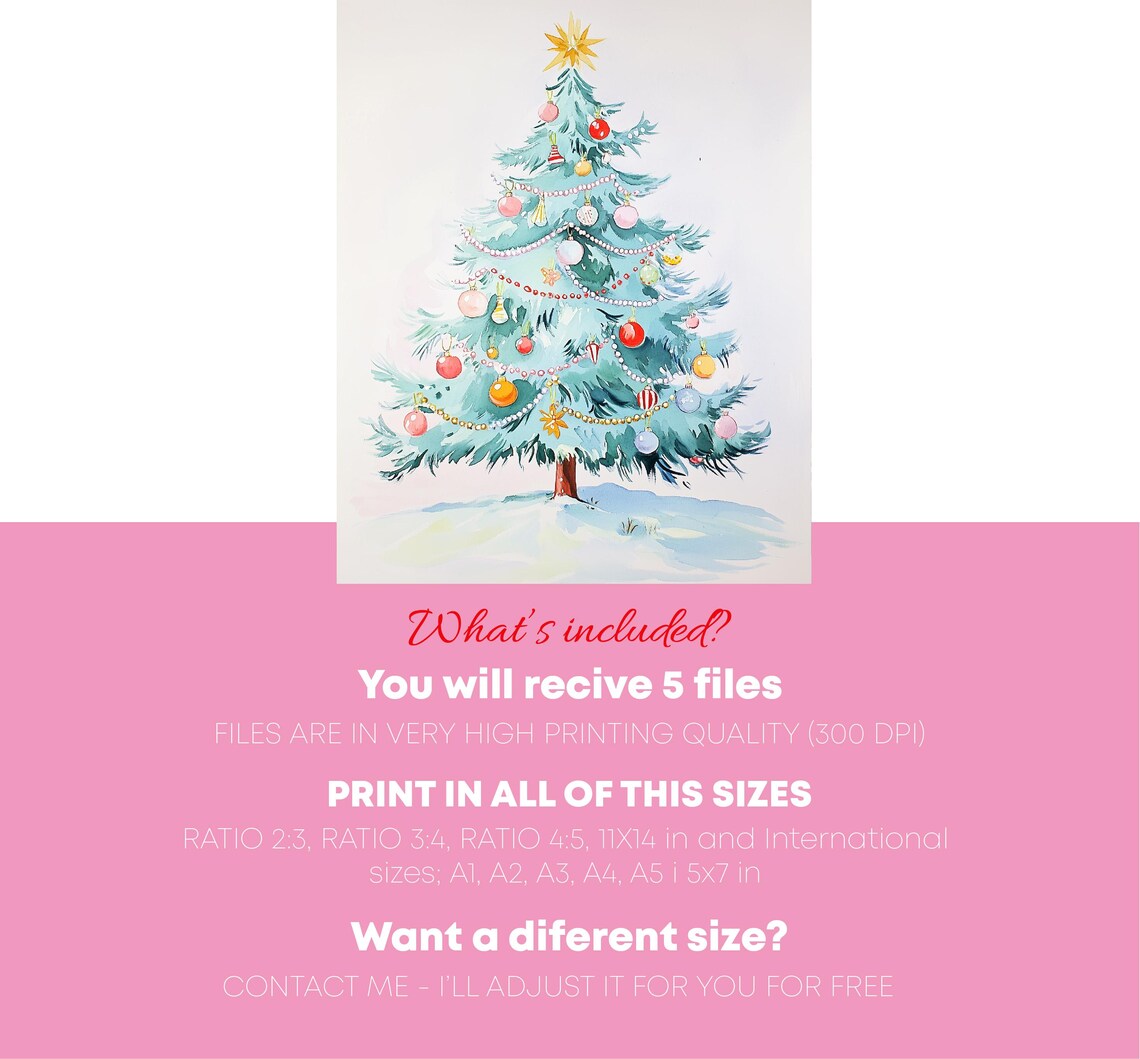 Retro Christmas Tree With Colorful Ornaments Watercolor Art Poster - Image 5