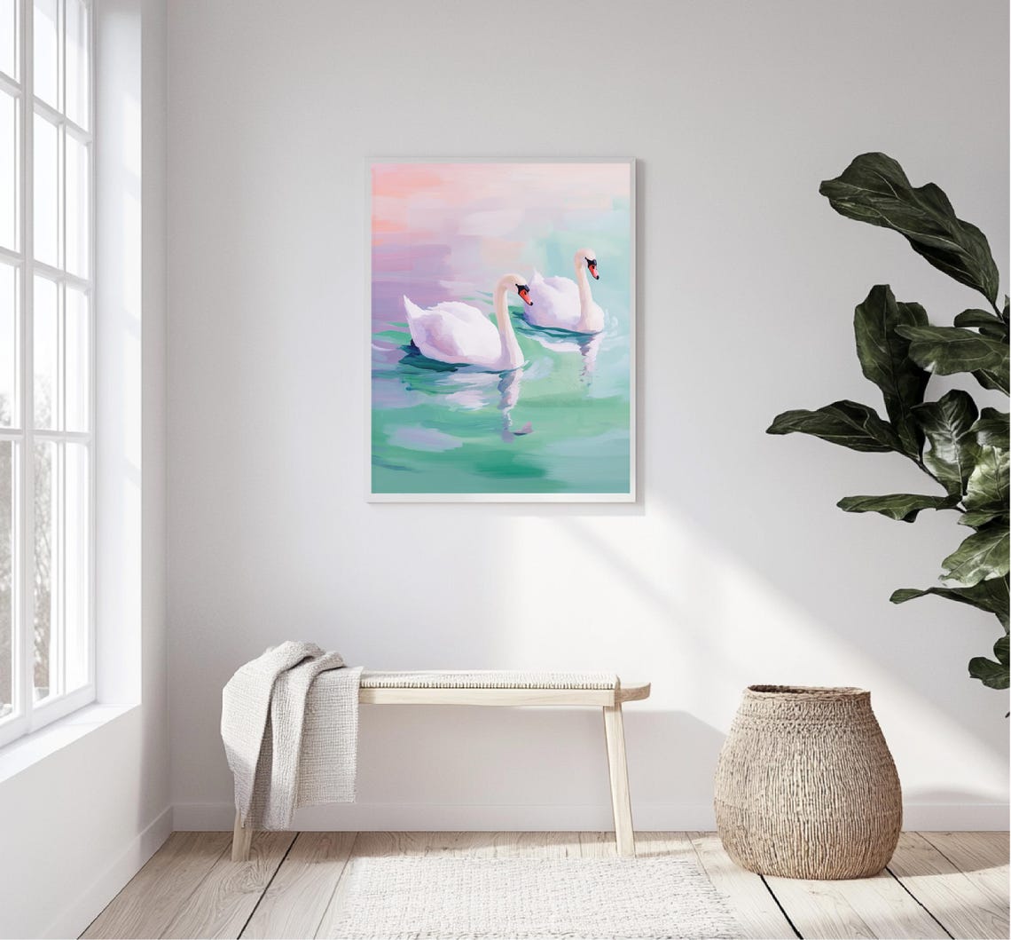 White Swans Pair Pastel Lake Dreamy Water Serene Nursery Wall Art - Image 5