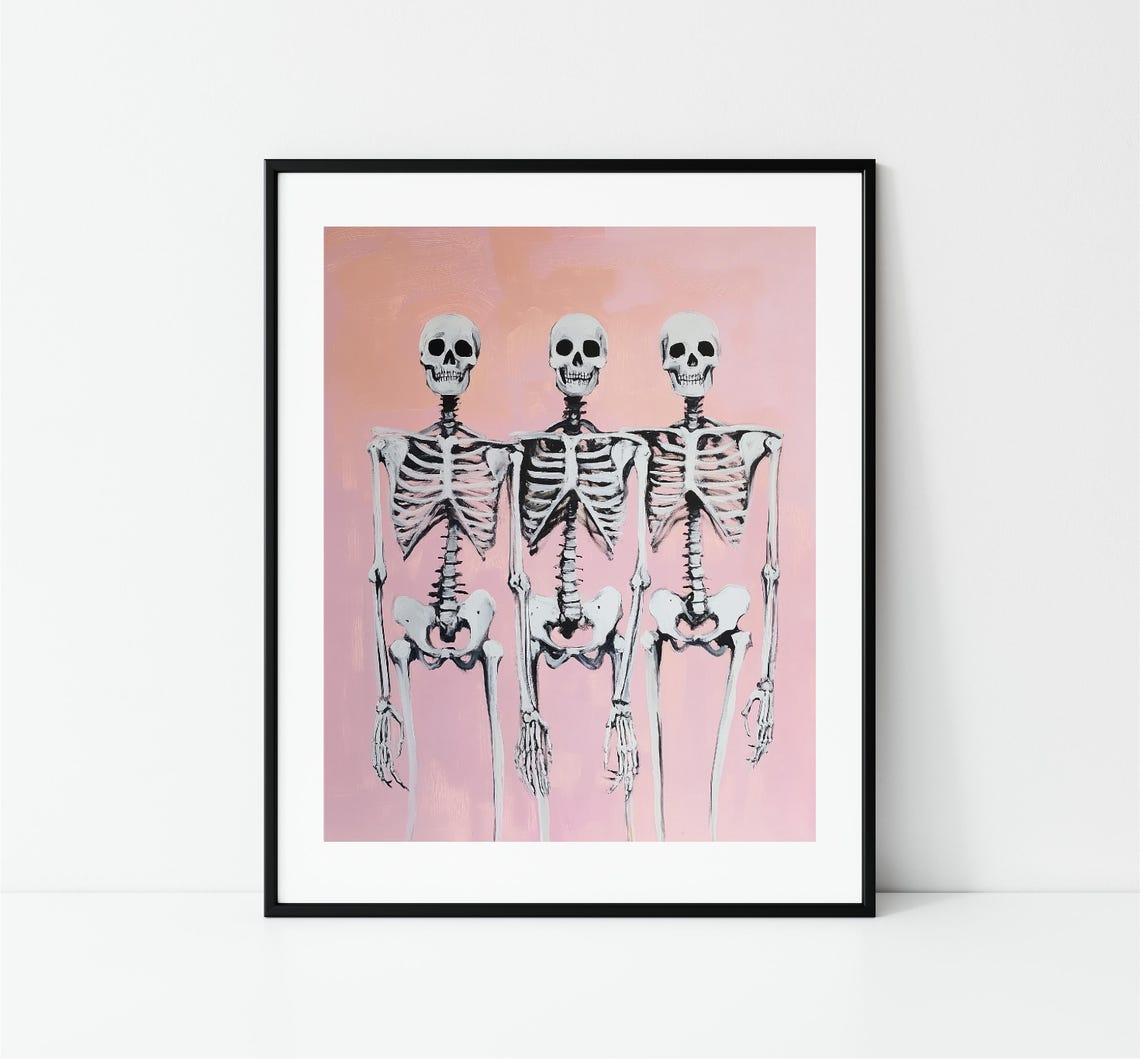 Three Skeleton Friends Pink Pastel Halloween Party Spooky Print - Image 3
