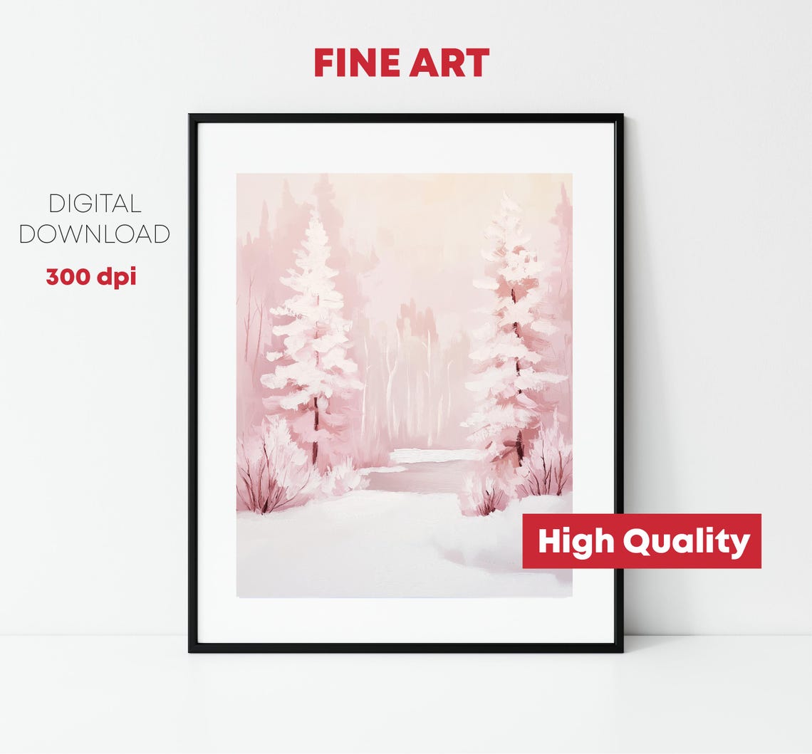 Blush Pink Winter Forest Snowy Pines Dreamy Holiday Scene Poster - Image 2