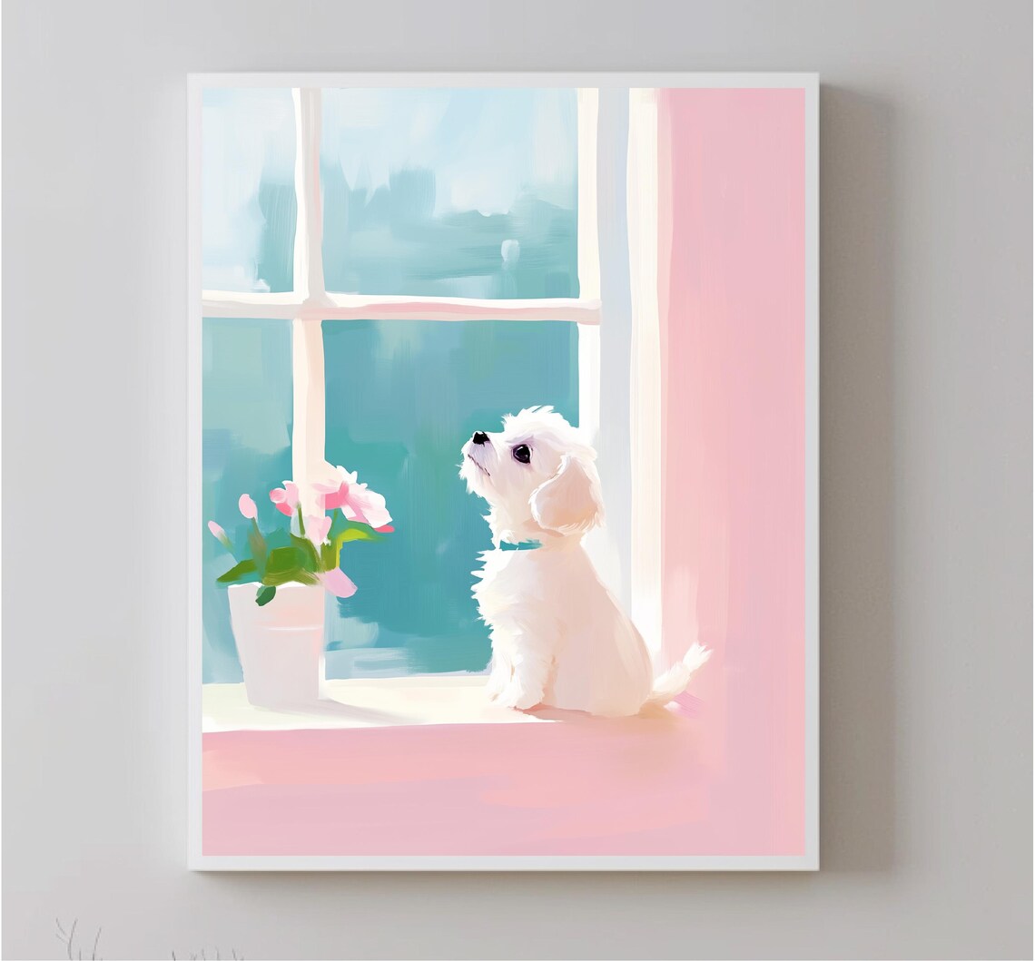 White Puppy Looking Out Window Pastel Nursery Kids Room Art Print - Image 5