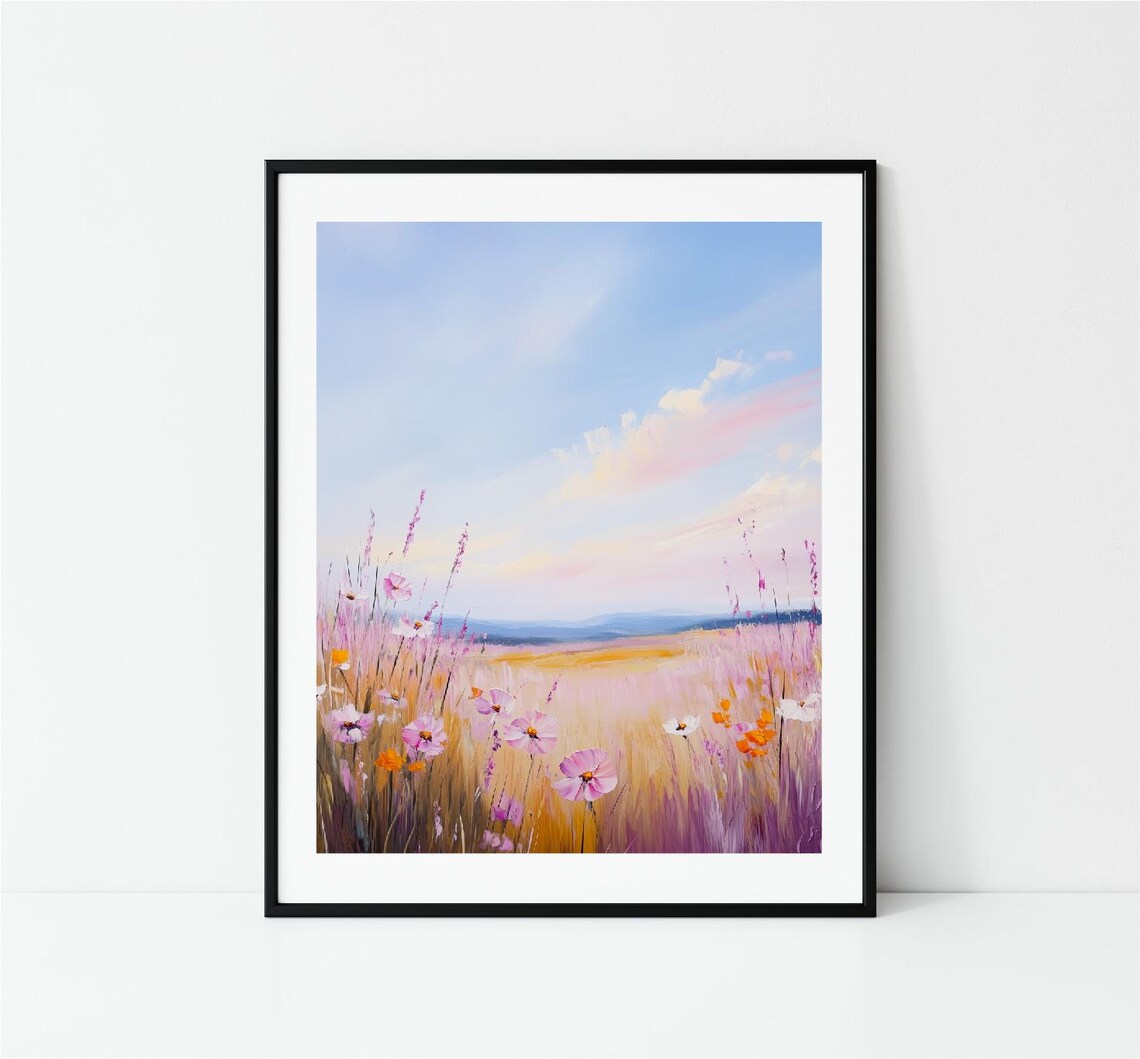 Pastel Flower Field Sunrise Golden Meadow Botanical Art Print - Image 2