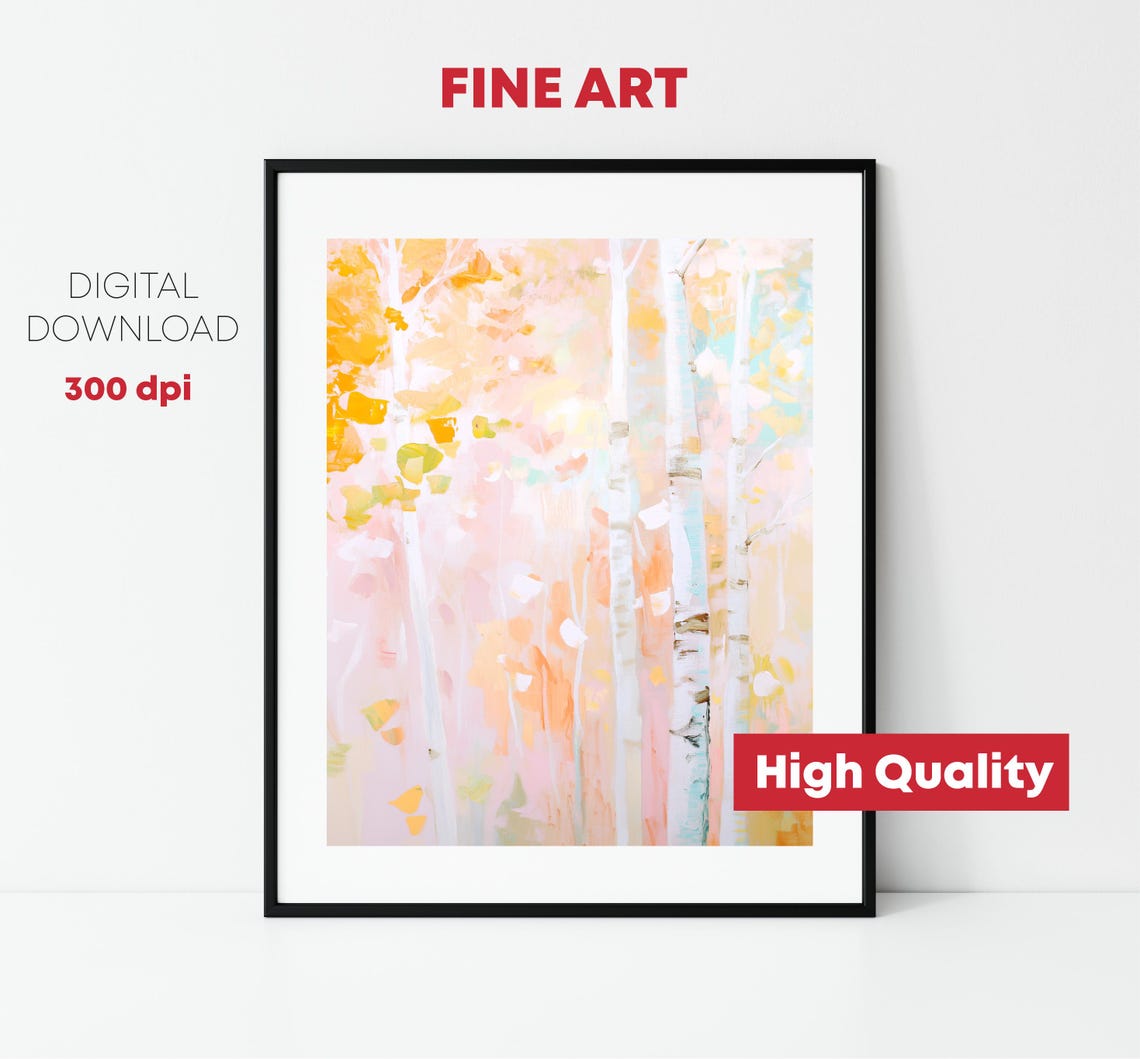 Soft Pastel Birch Tree Golden Leaves Spring Abstract Art Poster - Image 2