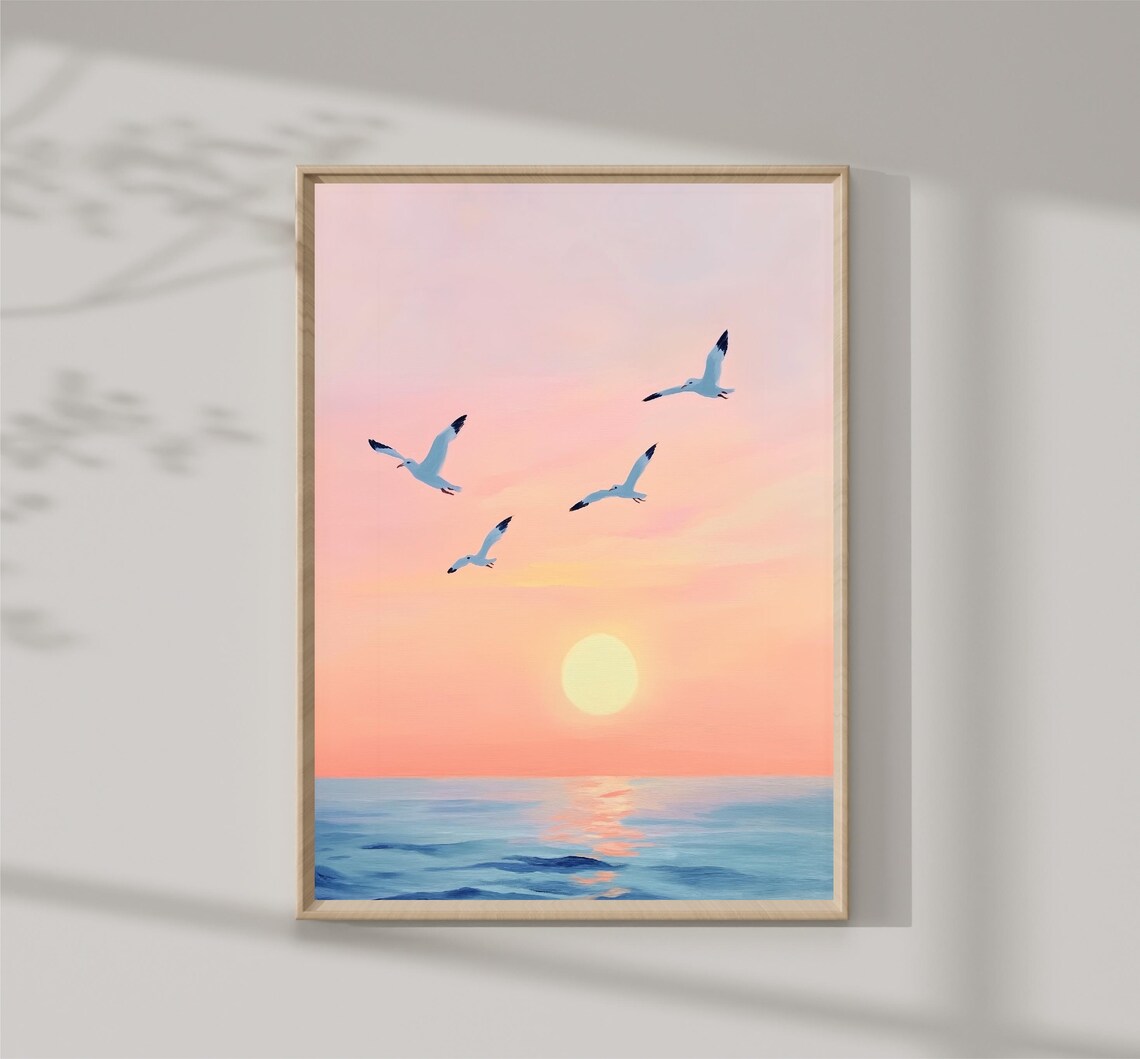Four Seagulls Flying Pink Sunset Ocean Sky Seascape Beach Print