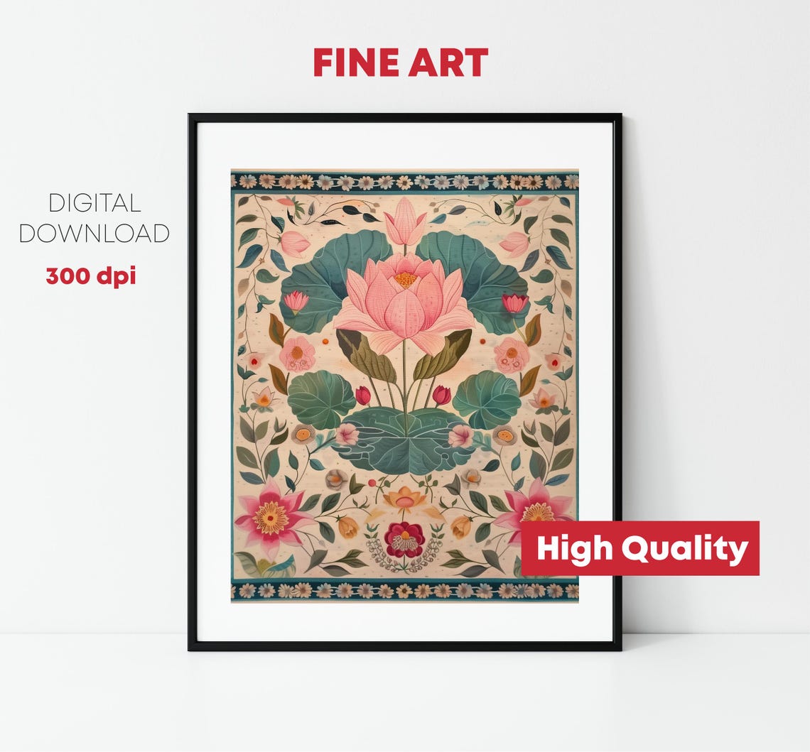 Indian Lotus Floral Pattern Pink Cream Traditional Pichwai Print - Image 2