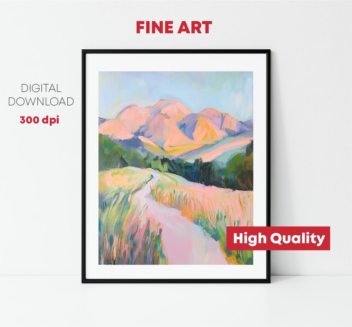 Pink Mountain Peaks Grassy Meadow Path Pastel Landscape Art Print - Image 3