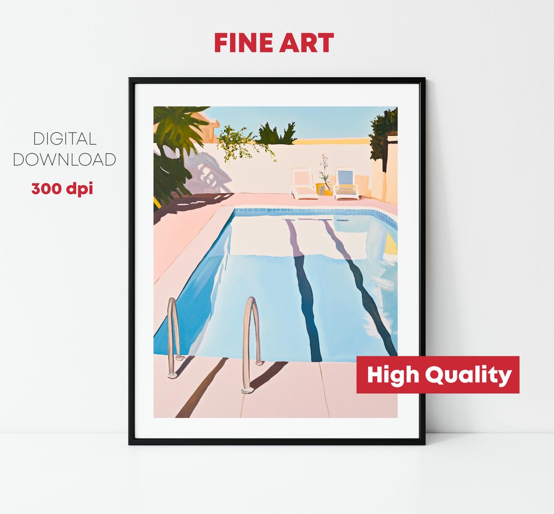 Retro Swimming Pool Pink Deck Blue Water Palm Trees Summer Art Print - Image 2