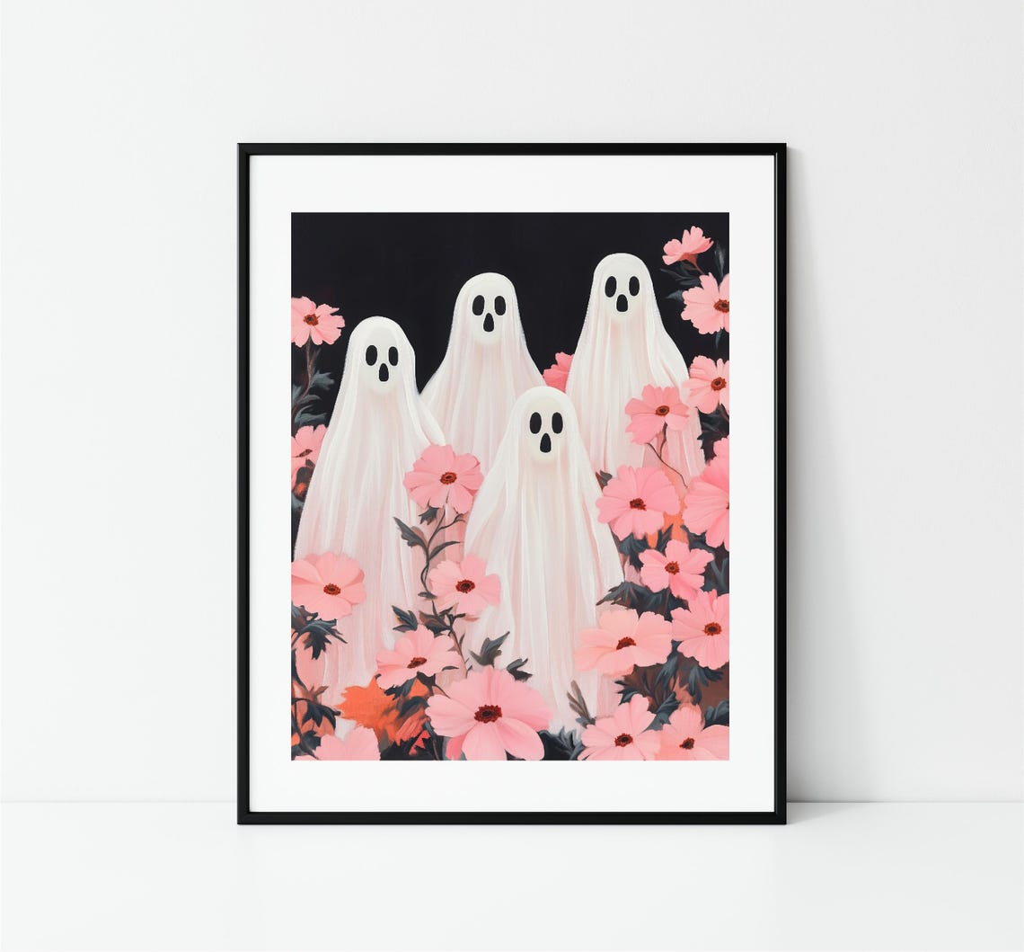Cute White Ghosts Pink Flowers Black Background Halloween Poster - Image 3