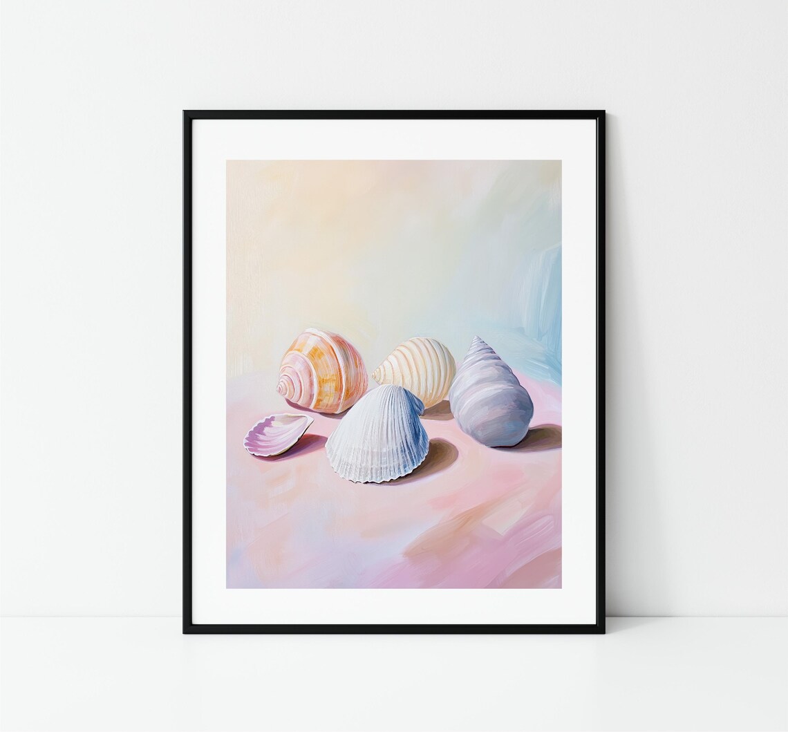 Pastel Seashells On Pink Table Beach Coastal Shells Still Life Art Print - Image 3
