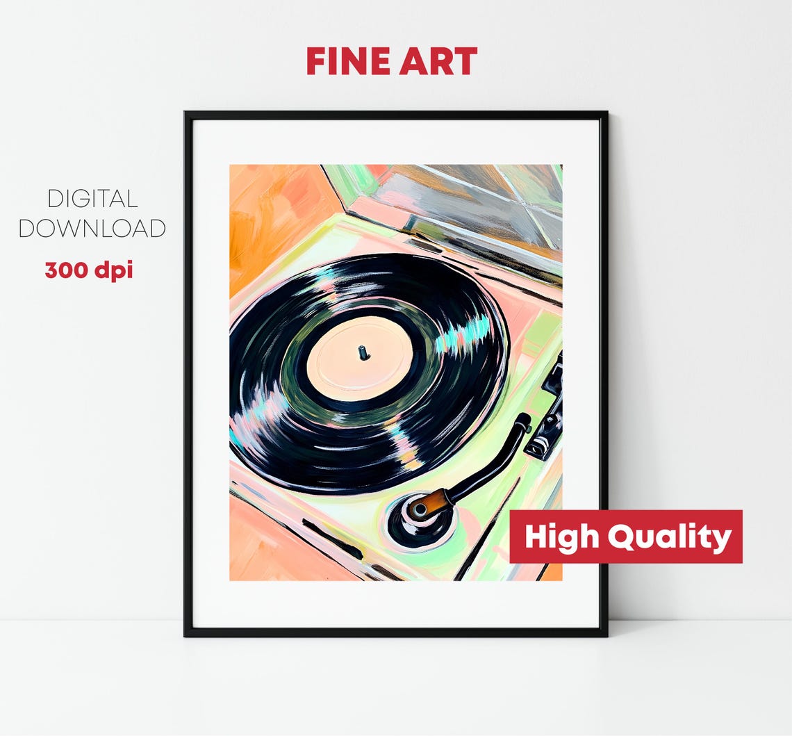 Vinyl Record Player Spinning LP Pastel Retro Music Wall Art Print - Image 2