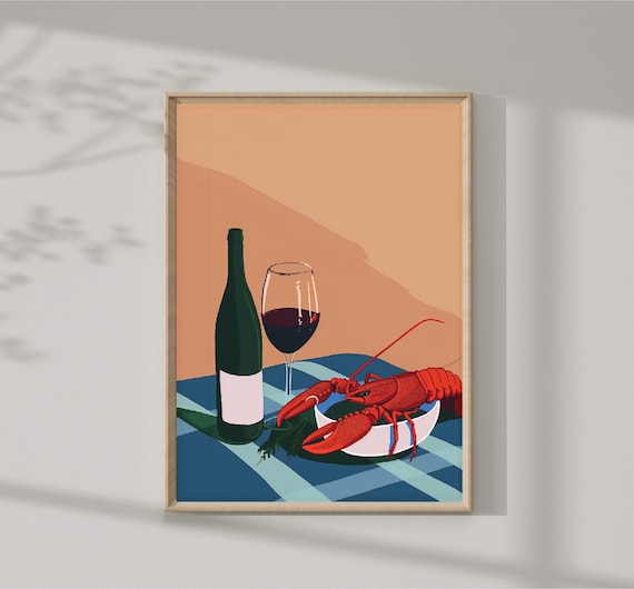 Red Wine And Lobster Abstract Art Poster Instant For Kitchen Decor Art Print