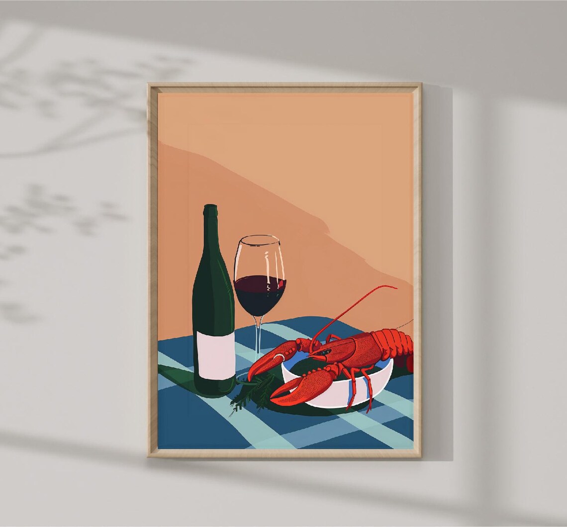 Red Wine Bottle Lobster Still Life Retro Kitchen Illustration Print