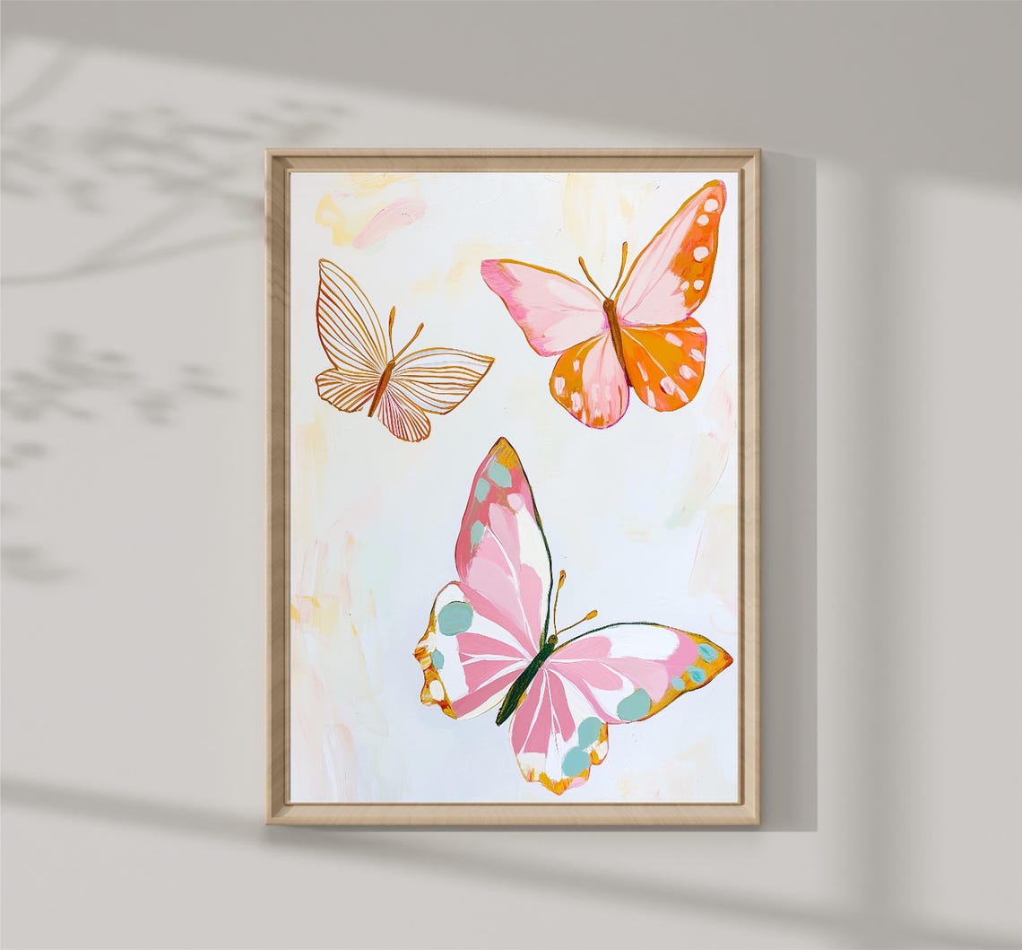 Three Pink Orange Butterflies Botanical Pastel Insect Art Print