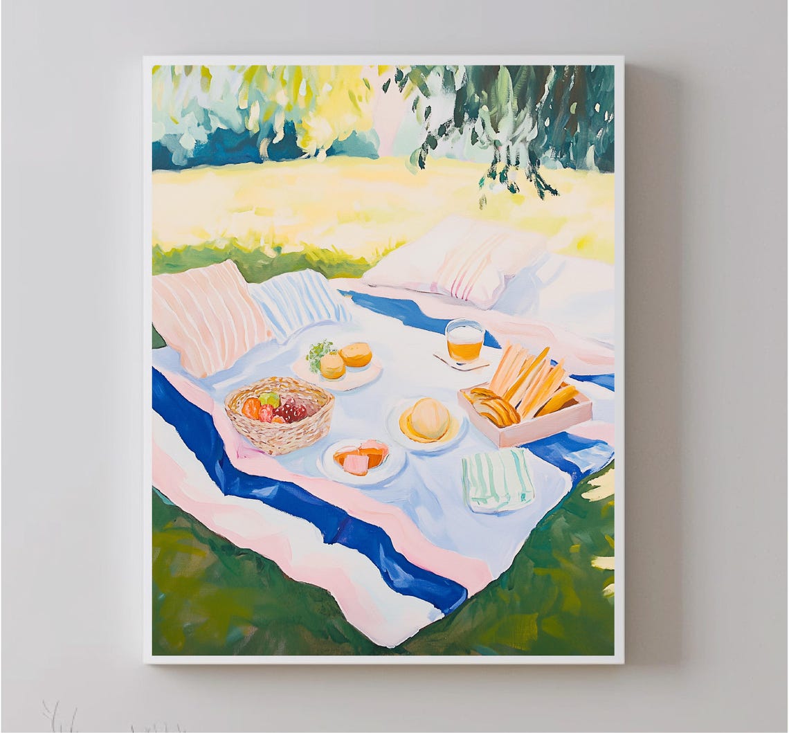 Sunny Summer Picnic Blanket Feast Park Meadow Painting Wall Poster