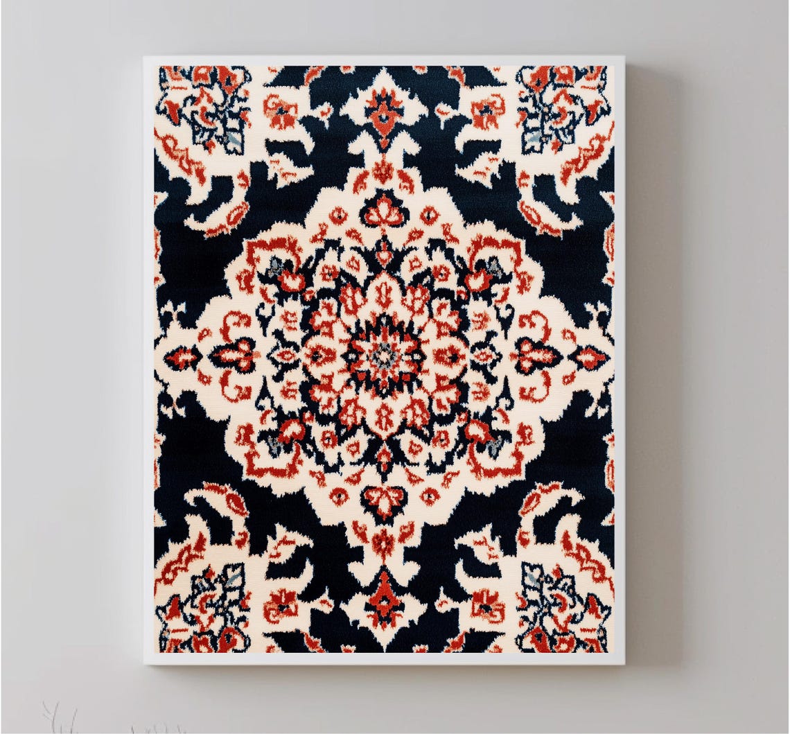Navy Blue Ikat Medallion Tapestry Red Cream Boho Pattern Art Print - Image 4