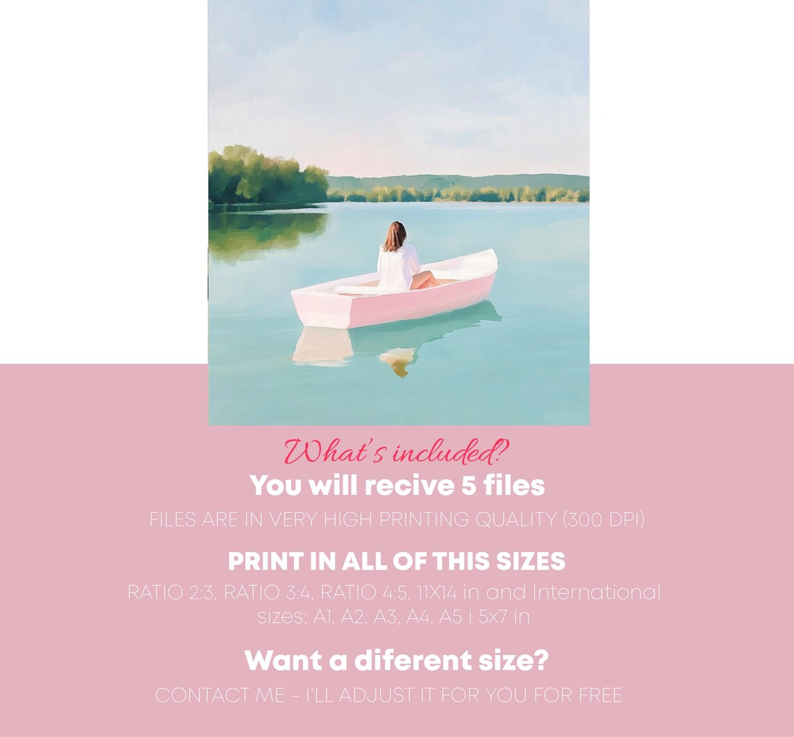 Woman In Pink Boat On Calm Lake Summer Pastel Painting Art Poster - Image 4
