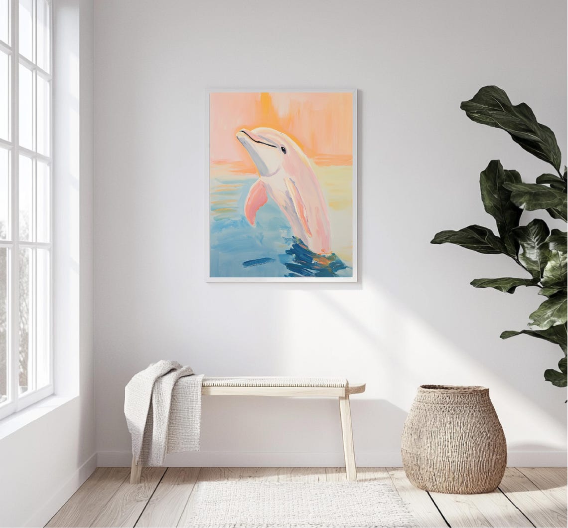Pink Dolphin Leaping Sunset Ocean Pastel Coastal Nursery Art Print - Image 5