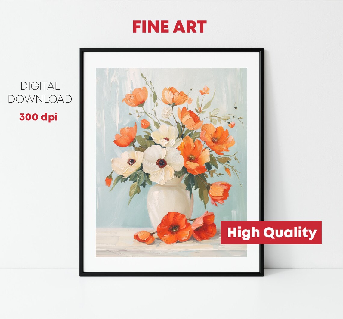 Orange Poppies White Anemones Bouquet Vase Floral Still Life Poster - Image 2